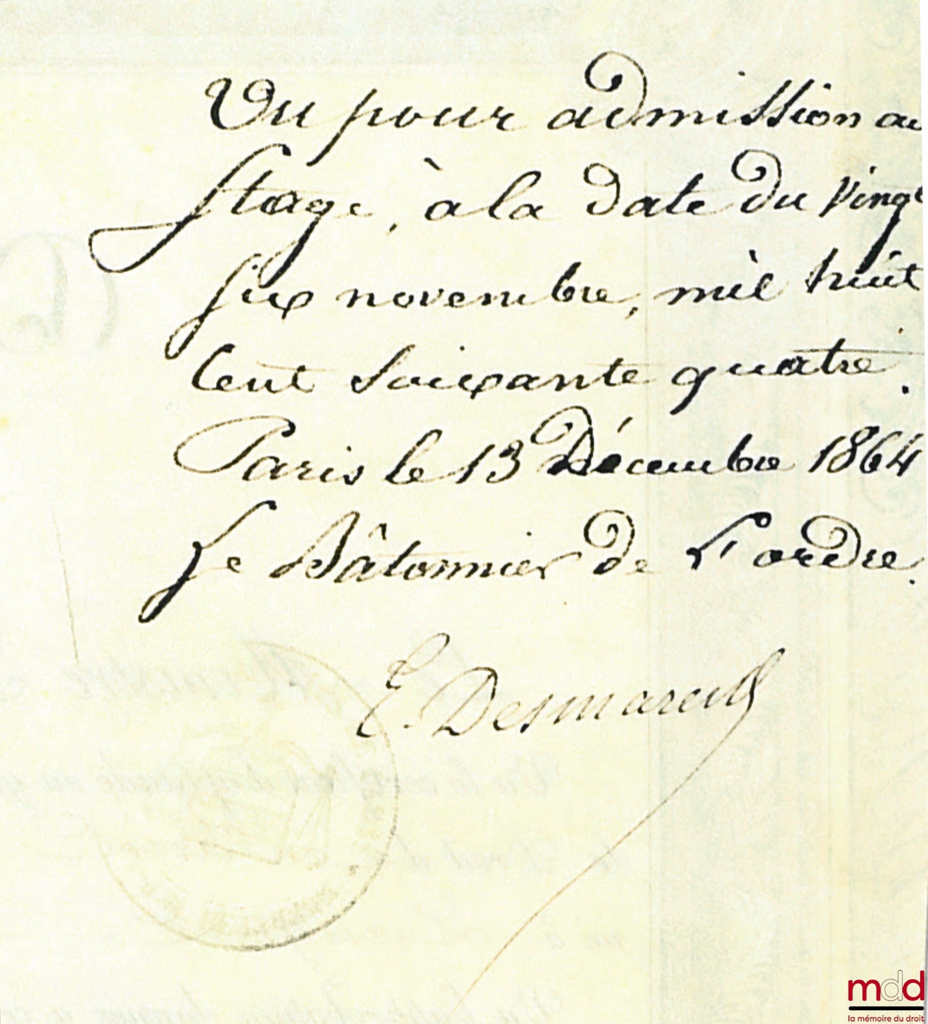 DIPLÔME DE LICENCIÉ EN DROIT. AU NOM DE L’EMPEREUR. Empire Français. Le Ministre Secrétaire d’État au département de l’Instruction publique, Vu le certificat d’aptitude au grade de Licencié en Droit accordé, le 10 Août 1864, par les professeurs de la Facu