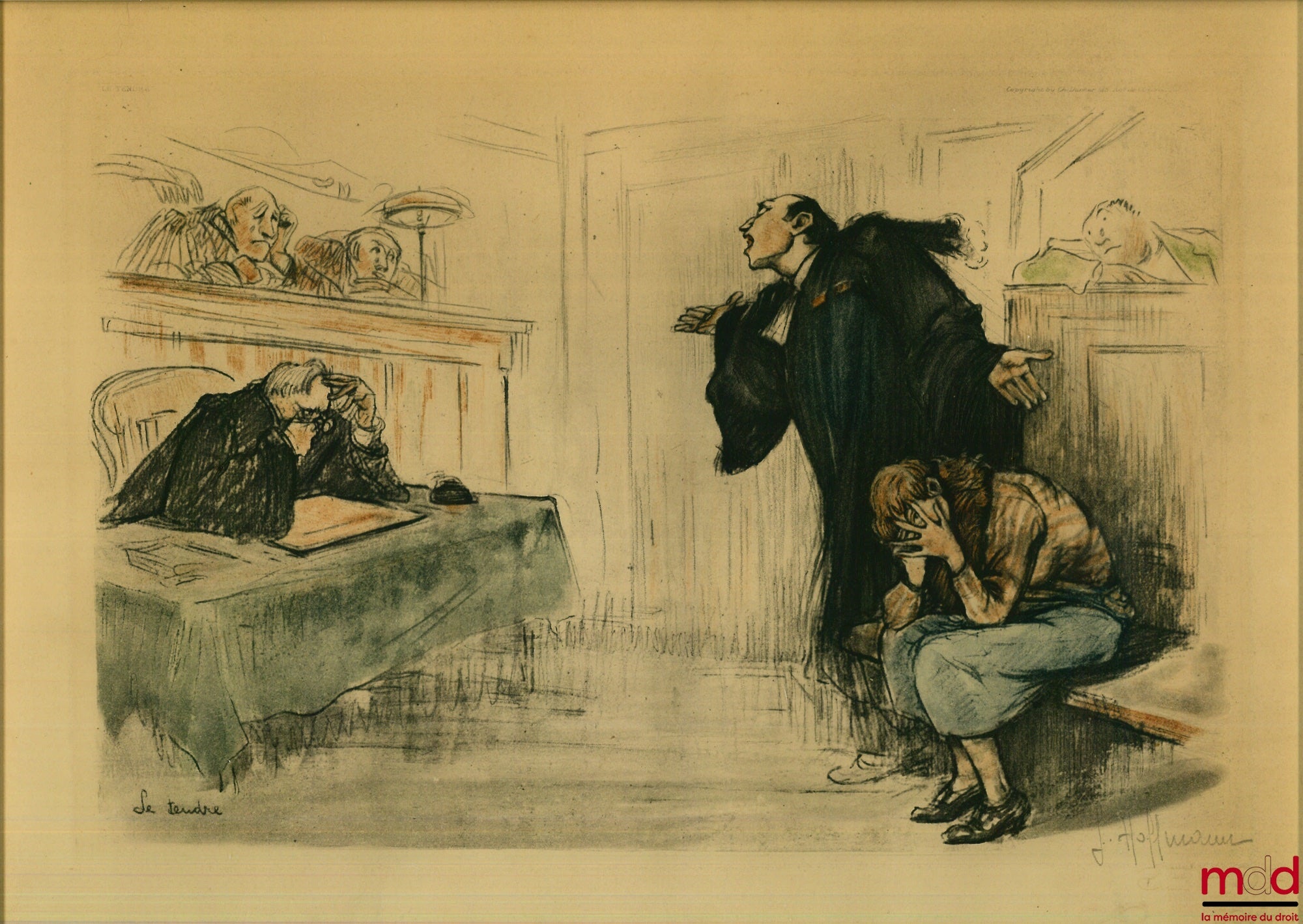 HOFFMANN (Gaston) – « Le tendre », LITHOGRAPHIE COULEUR représentant un avocat en pleine plaidoirie devant son client atterré et une cour en pleurs