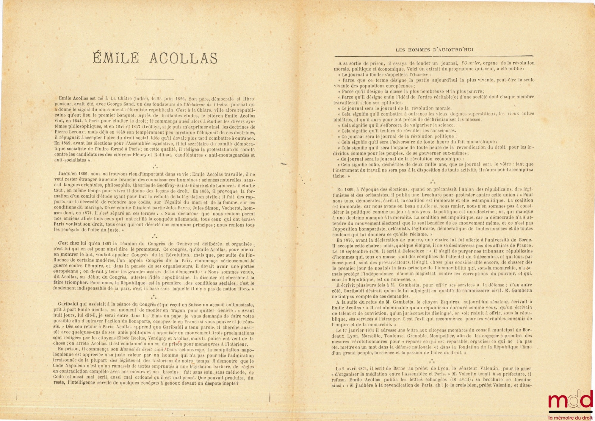 ÉMILE ACOLLAS, revue “Les hommes d'aujourd'hui”, 4e vol., n° 213, dessin à charge en couleur de Henri Demare (dit Nix) représentant É. A. debout sur son manuel de droit civil en trois volumes avec, à la main, le Code Napoléon, dont il arrache l’intérieur