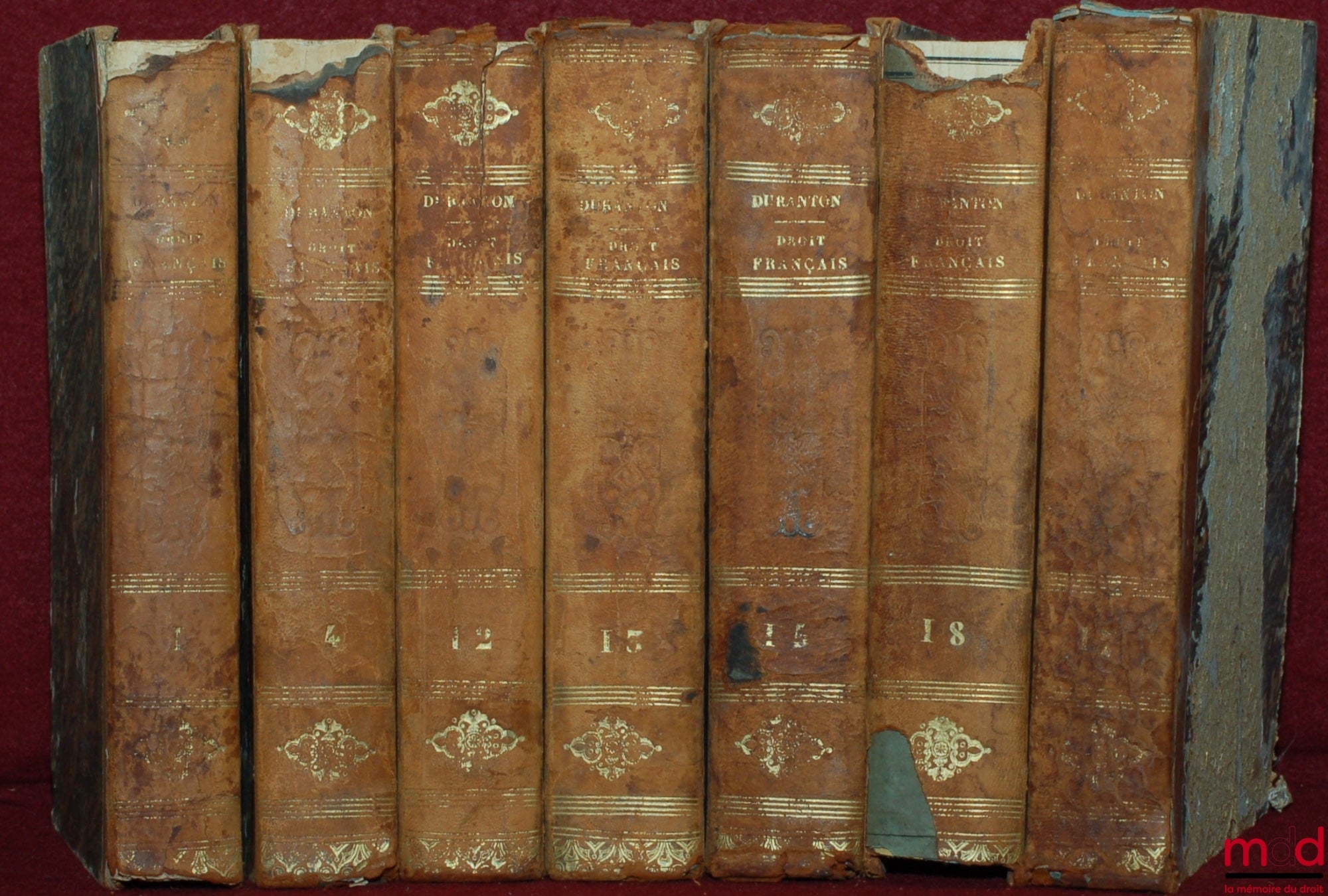 DURANTON (Alexandre) – COURS DE DROIT FRANÇAIS SUIVANT LE CODE CIVIL, 3ème éd. ; t. I, IV, XII, XIII, XV, XVII (manque t. II, III, V, VI, VII, VIII, IX, X, XI, XII, XIV, XVI et XIX)
