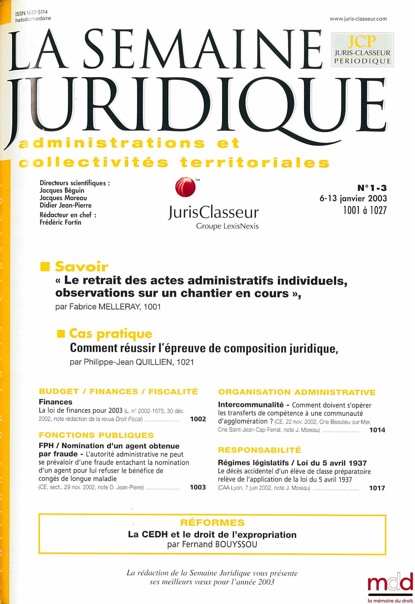 [JCP - A.] – SEMAINE JURIDIQUE - Édition Administrations et Collectivités territoriales, années 2003, 2004 et 2005 (complètes)