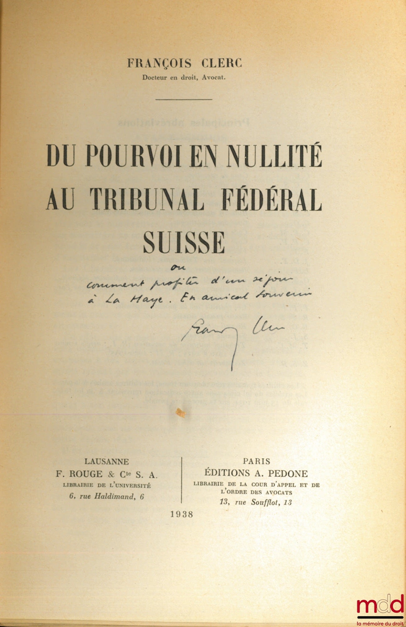 CLERC (François) – DU POUVOIR EN NULLITÉ AU TRIBUNAL FÉDÉRAL SUISSE