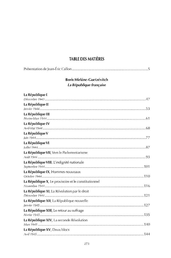 MIRKINE-GUETZÉVITCH (Boris) – LA RÉPUBLIQUE FRANÇAISE  (Décembre 1943 - Décembre 1946)   Textes réunis et présentés par Jean-Éric CALLON   Collection de la Faculté Jean Monnet