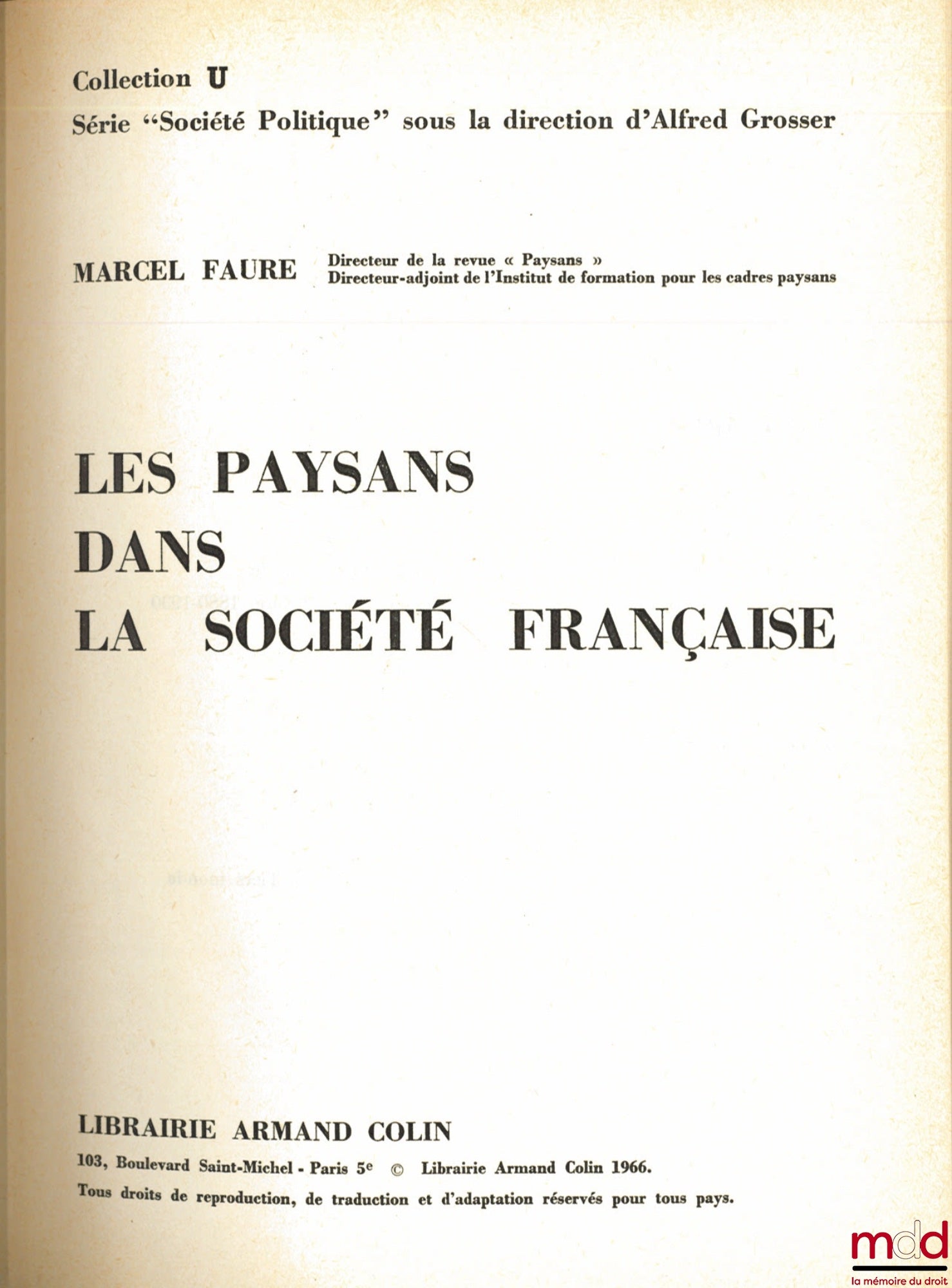 FAURE (Marcel) – LES PAYSANS DANS LA SOCIÉTÉ FRANÇAISE, coll. U