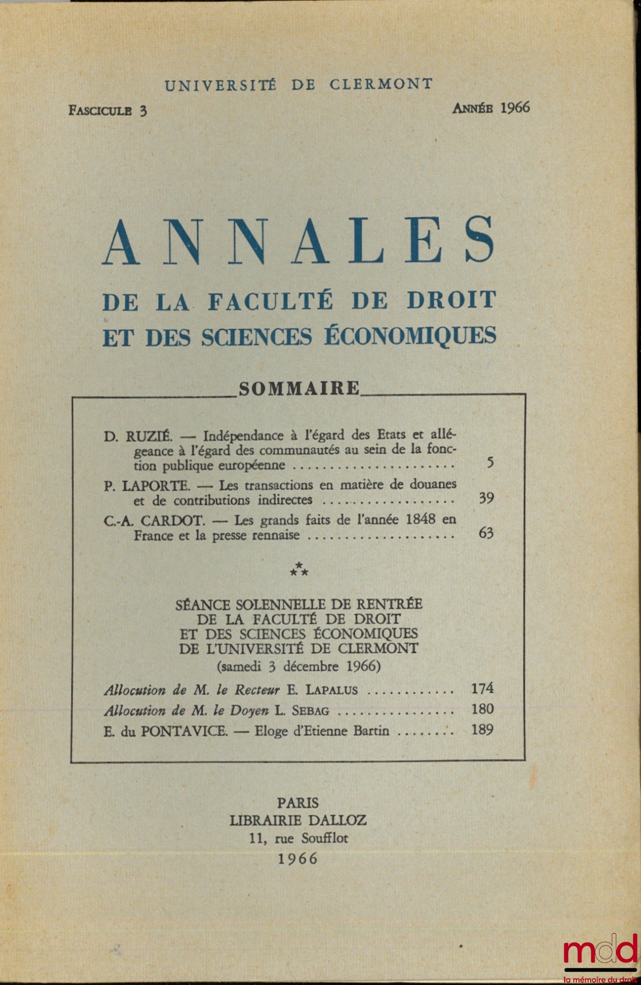 [Collectif] – Annales de la Faculté de droit et des sciences économiques, Université de Clermont, fasc. 3, année 1966
