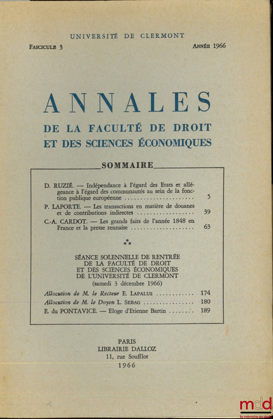 [Collectif] – Annales de la Faculté de droit et des sciences économiques, Université de Clermont, fasc. 3, année 1966