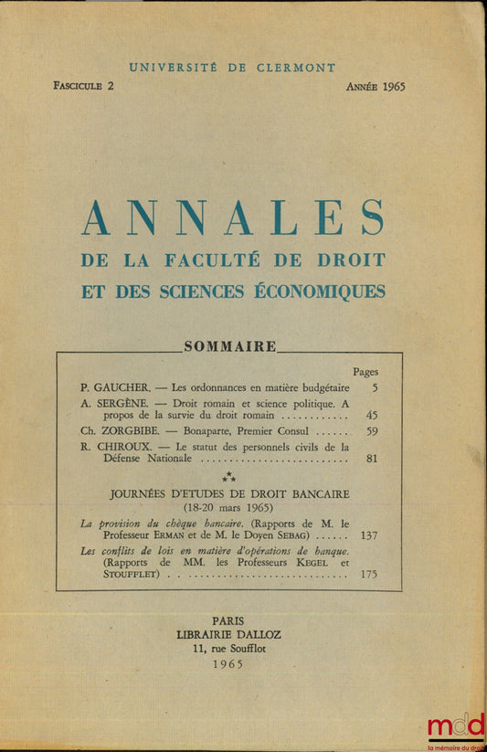 [Collectif] – Annales de la Faculté de droit et des sciences économiques, Université de Clermont, fasc. 2, année 1965
