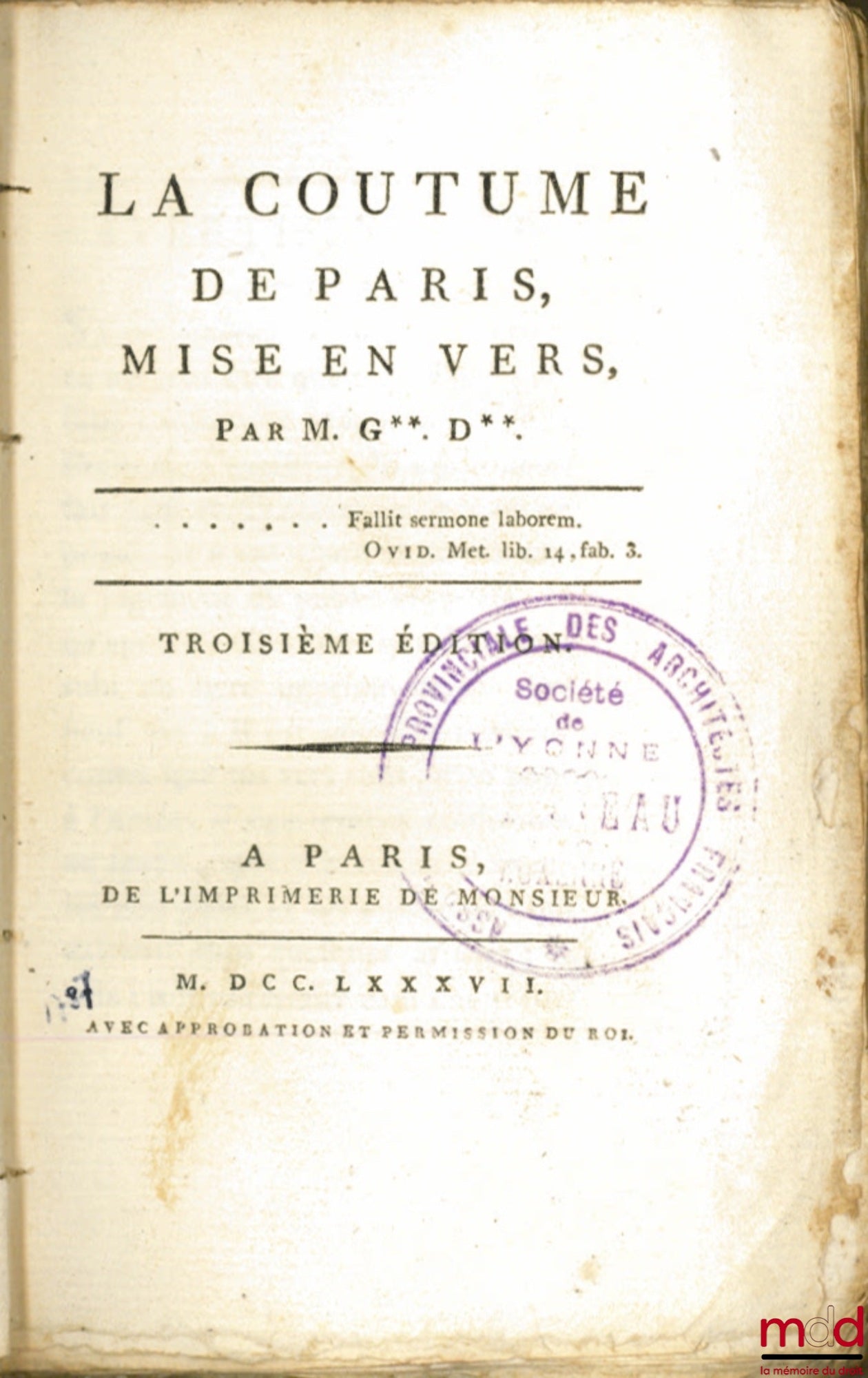 [Paris], GARNIER DESCHESNES (Edmé Hilaire) – LA COUTUME DE PARIS MISE EN VERS, 3e éd.