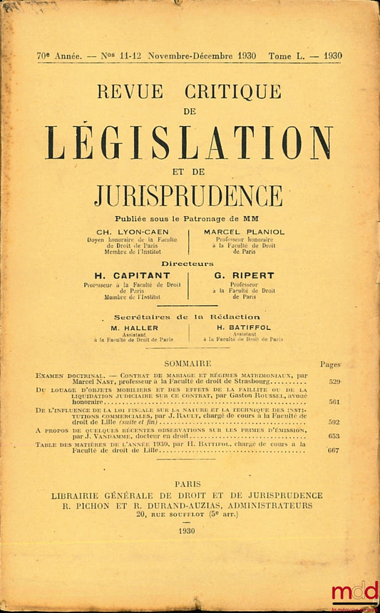 REVUE CRITIQUE DE LÉGISLATION ET DE JURISPRUDENCE n° 11-12, t. L, 1930