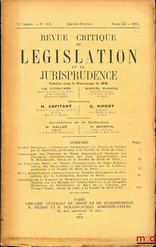 REVUE CRITIQUE DE LÉGISLATION ET DE JURISPRUDENCE n° 1-2, t. LI, 1931