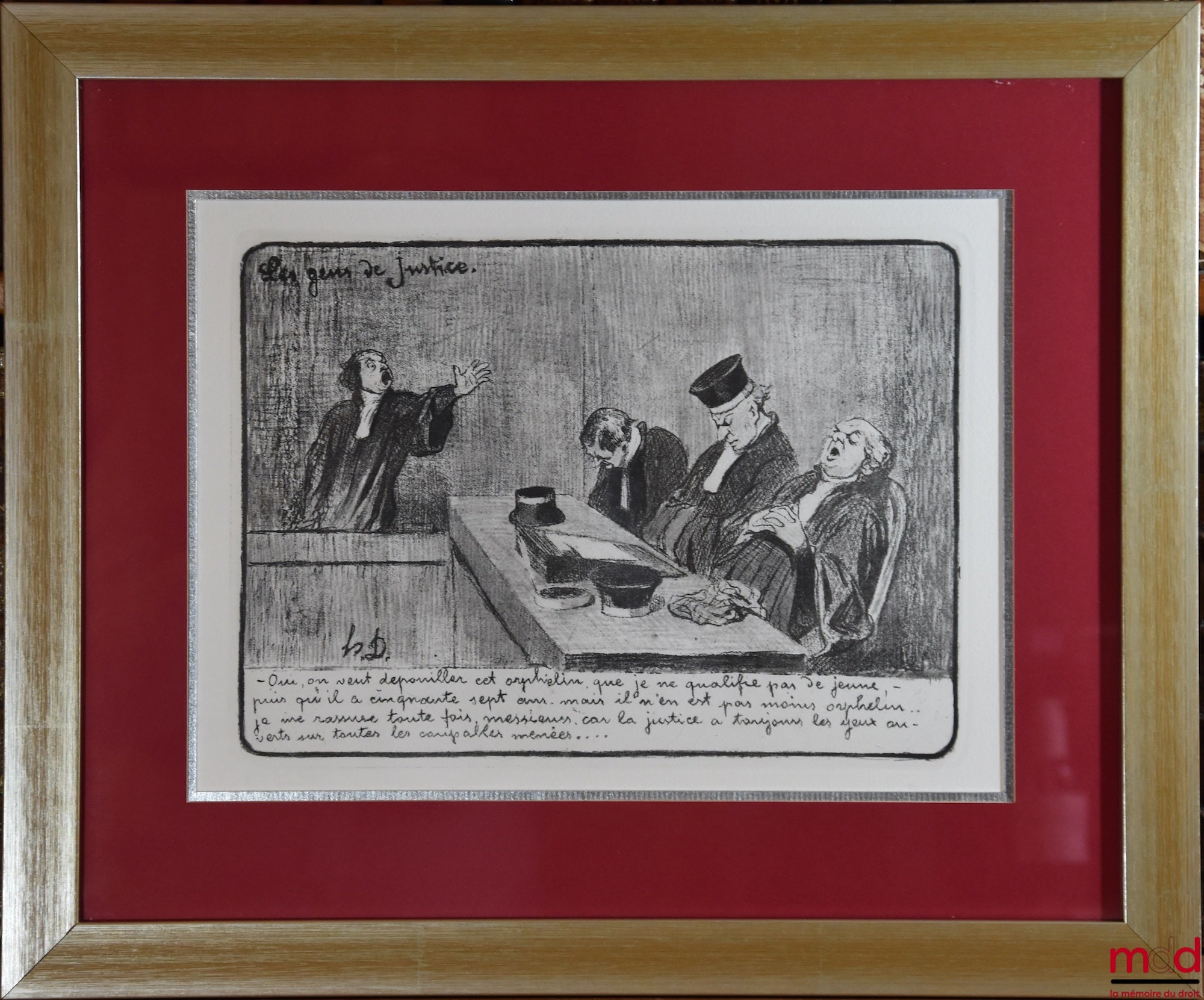 DAUMIER (Honoré) – LES GENS DE JUSTICE, Lithographie en noir signée et publiée initialement dans Le Charivari le 15 août 1845, planche n° 11, coll. Les gens de justice. « Oui, on veut dépouiller cet orphelin, que je ne qualifie pas de jeune, puis qu’il a