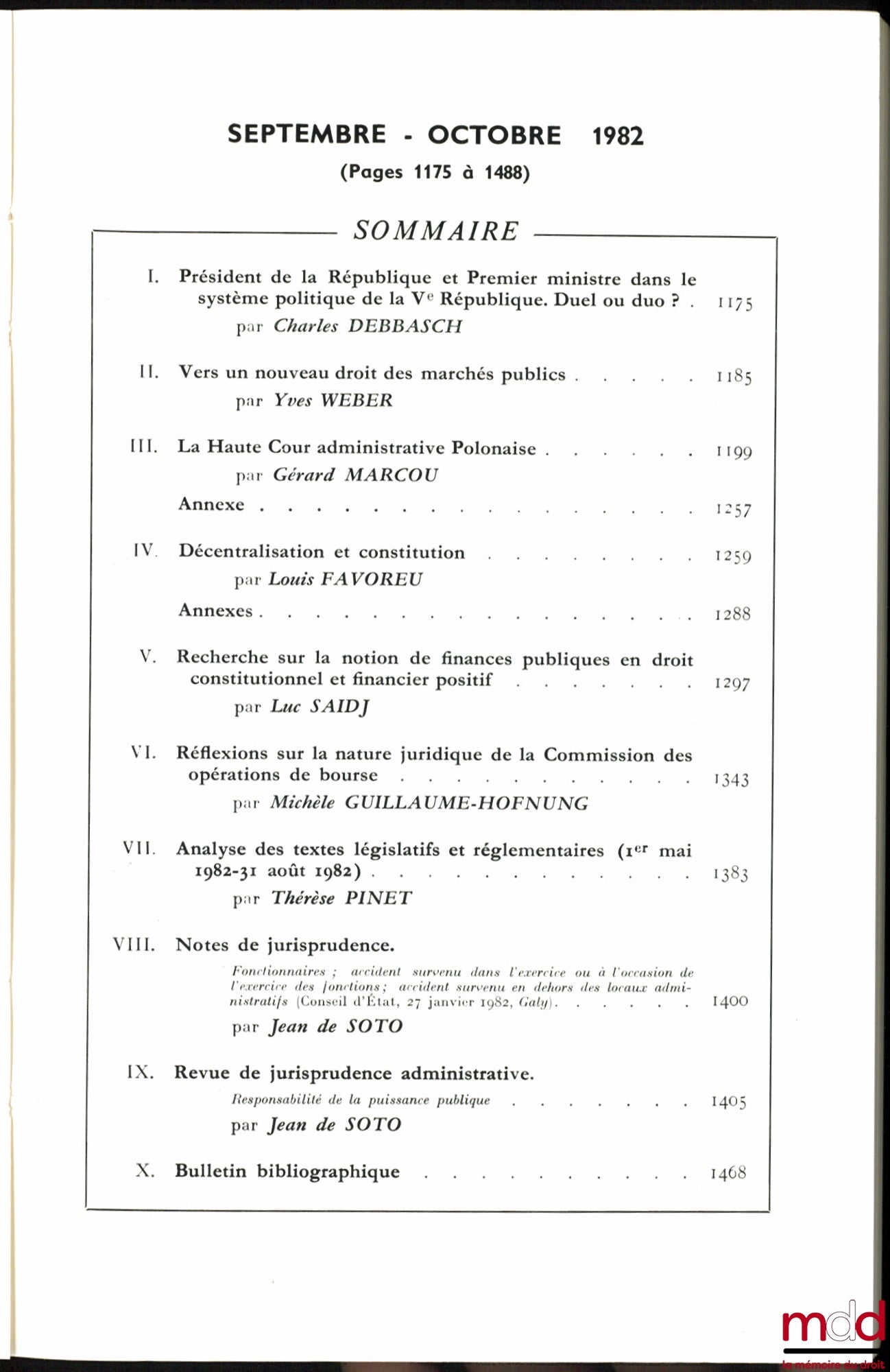 [RDP] – REVUE DU DROIT PUBLIC ET DE LA SCIENCE POLITIQUE EN FRANCE ET À L’ÉTRANGER, revue bimestrielle dirigée par Marcel Waline et Georges Berlia, publié avec le concours du C.N.R.S., n° 5 (Septembre - Octobre) 1982