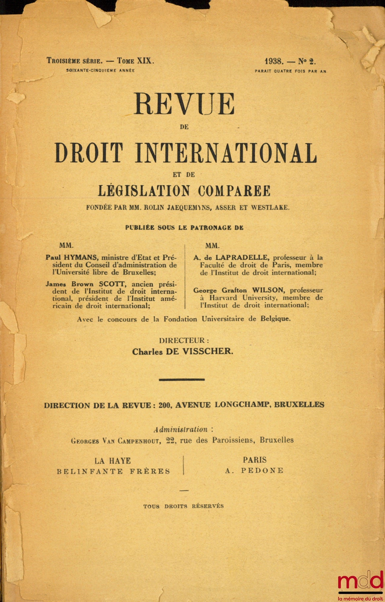 ROUSSEAU (Charles) – LA NON-INTERVENTION EN ESPAGNE, livraison n° 2/1938 de la Revue de Droit internationale et de Législation Comparée fondée par MM. Rolin, Jaequemyns, Asser et Westlake, T. XIX
