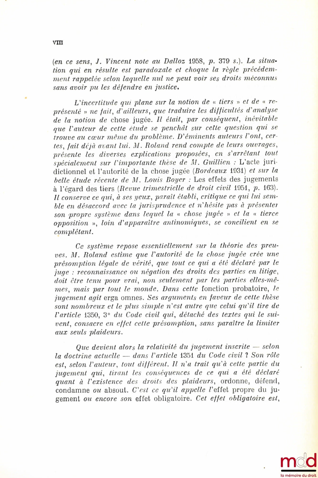 ROLAND (Henri) – CHOSE JUGÉE ET TIERCE OPPOSITION, Préface de Boris Starck, Bibl. de droit privé, t. XIII