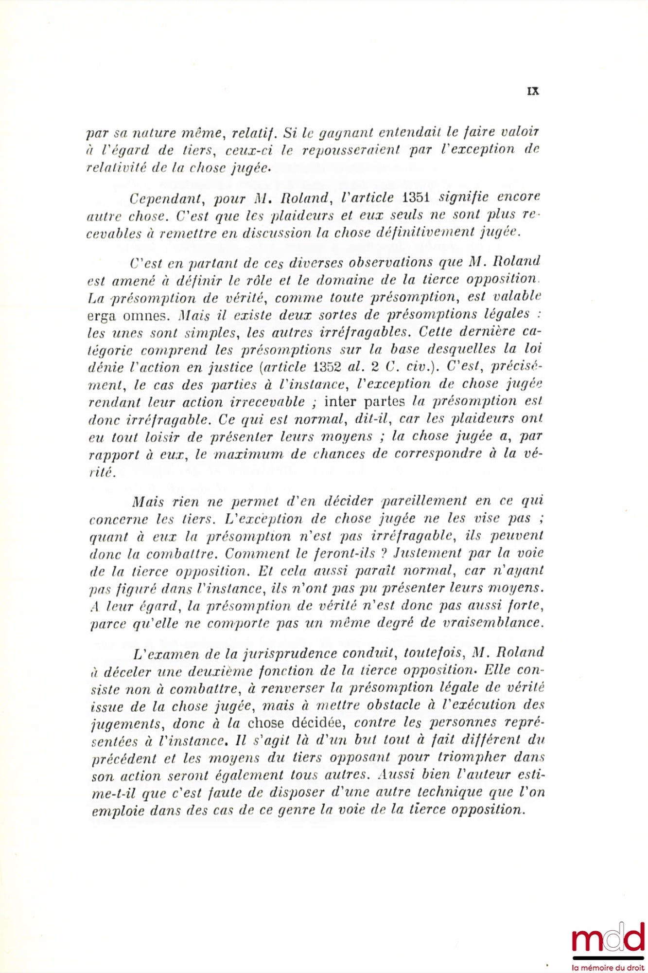 ROLAND (Henri) – CHOSE JUGÉE ET TIERCE OPPOSITION, Préface de Boris Starck, Bibl. de droit privé, t. XIII