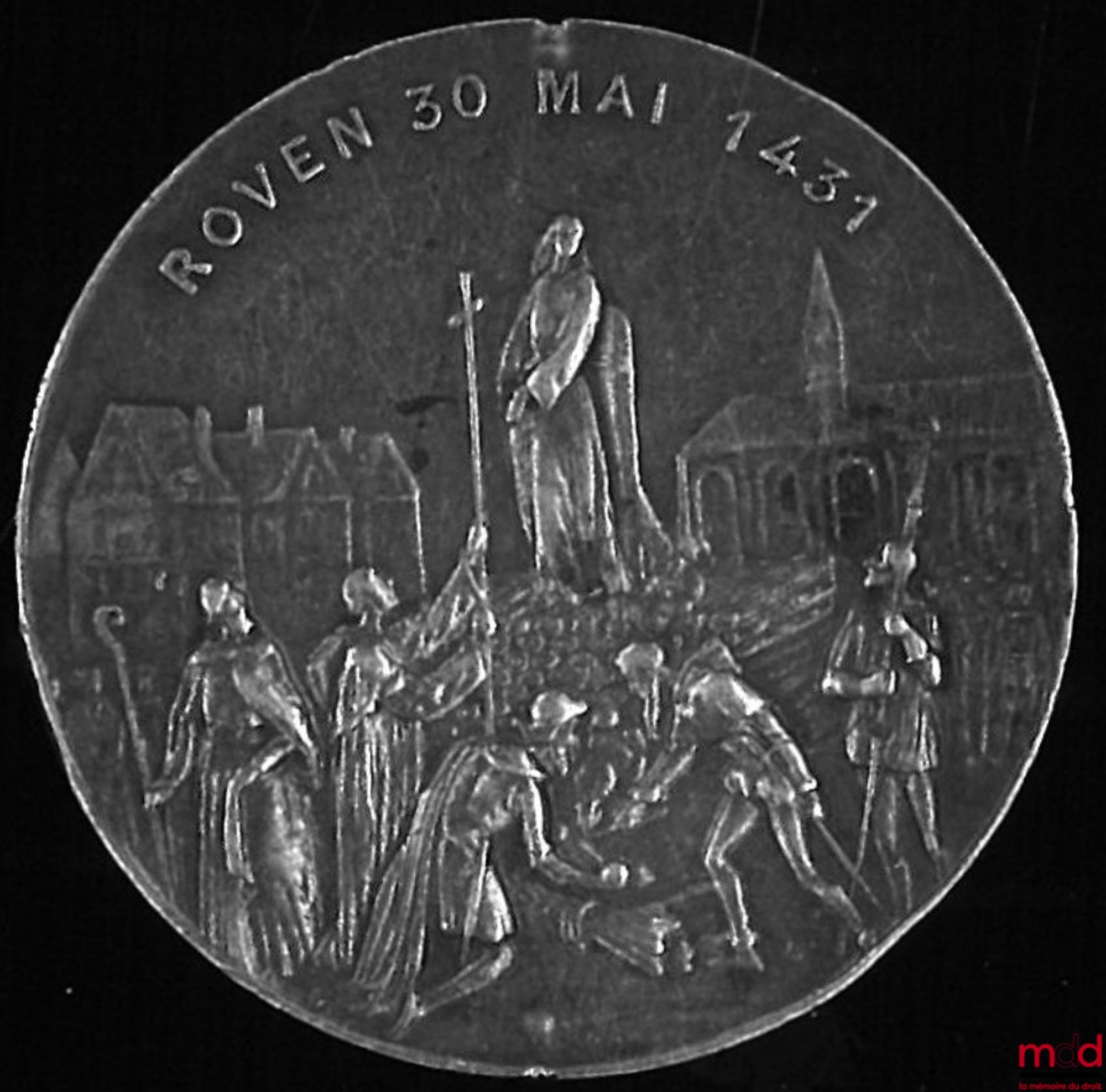 [Jeanne d’Arc - GAULTIER (Pierre fils de)] – Iohanna Darc Aurelianensis Puella Vulgo Nuncupata, Rouen 30 mai 1431 : Avers : Portrait de Jeanne d’Arc à cheval avec son blason (une épée d'argent mise en pal et férue dans une couronne royale, accostée de deu