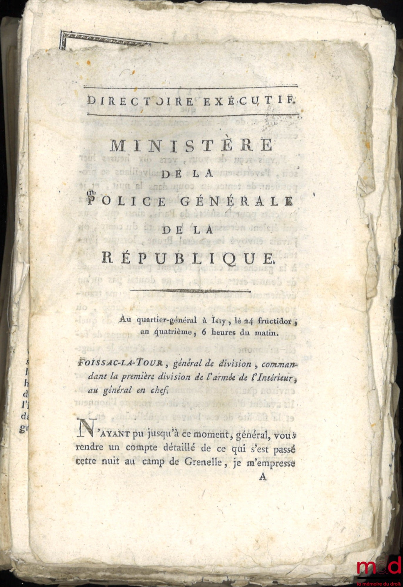 [Affaires générales, Messages de sa Majesté l’Empereur et Proclamations du Roi] – ENSEMBLE DE 20 BULLETINS DES LOIS : Directoire exécutif, Ministère de la police générale de la République, (signé Foissac-La-Tour), 24 fructidor An IV, [7 p.] ; Bulletin déc