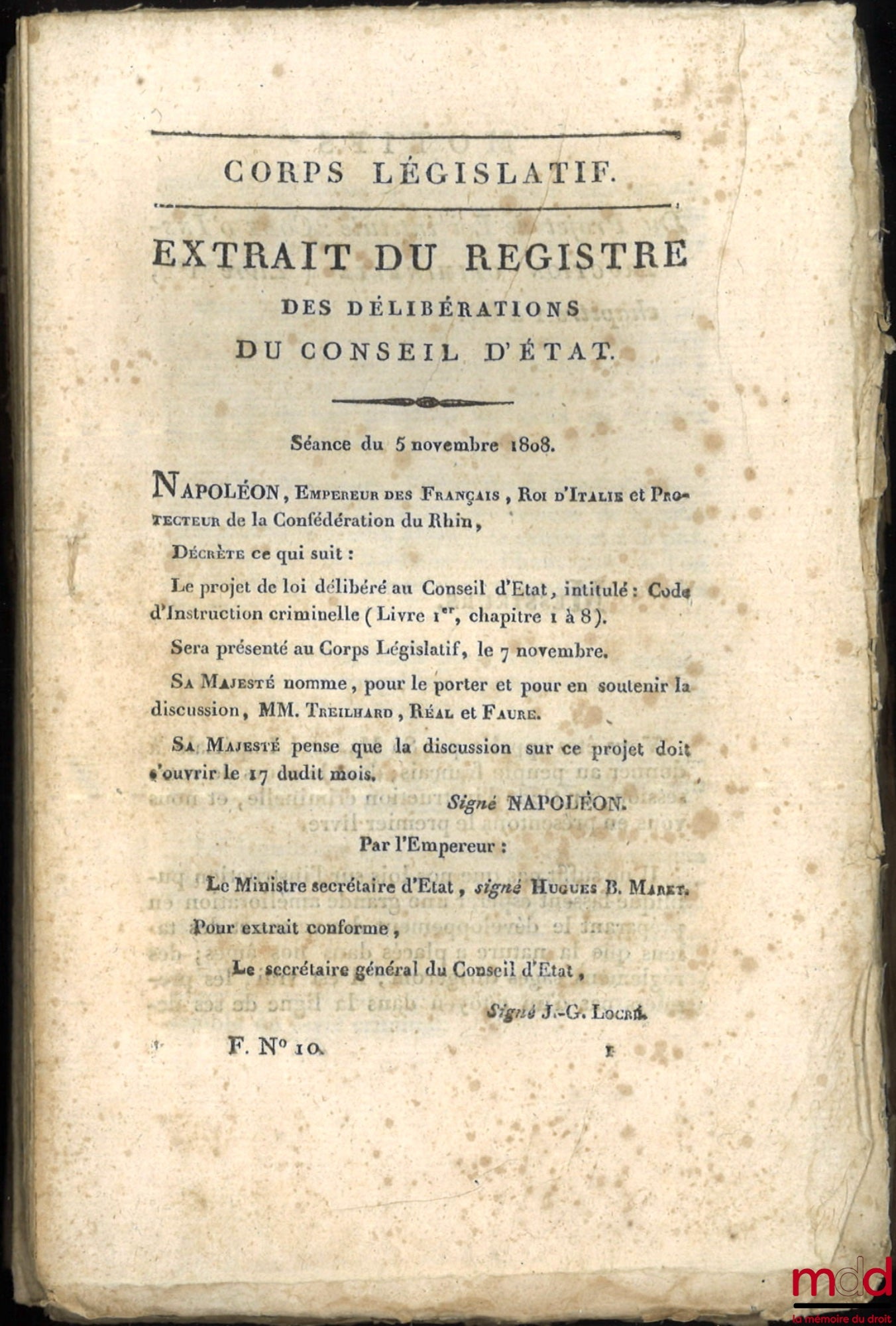 [Projet de Code d’Instruction Criminelle] – ENSEMBLE DE 20 BULLETINS DES LOIS : Extrait du registre des délibérations du Conseil d’État, Du Projet de Loi intitulé : Code d’instruction criminelle (Livre Ier, chapitre 1 à 8), Séance du 5 nov. 1808, [70 p.] 