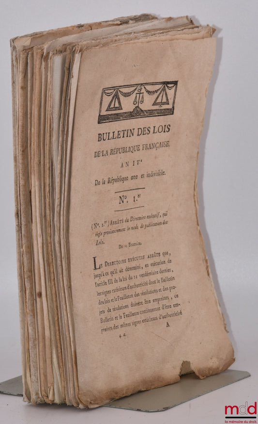 [Coup d’État des 18 et 19 brumaire An VIII, Constitution de l’An IV, divers] – ENSEMBLE DE 18 BULLETINS DES LOIS : Bulletin des lois de la République française, Arrêté du Directoire exécutif qui règle provisoirement le mode de publication des Lois, Arrêté
