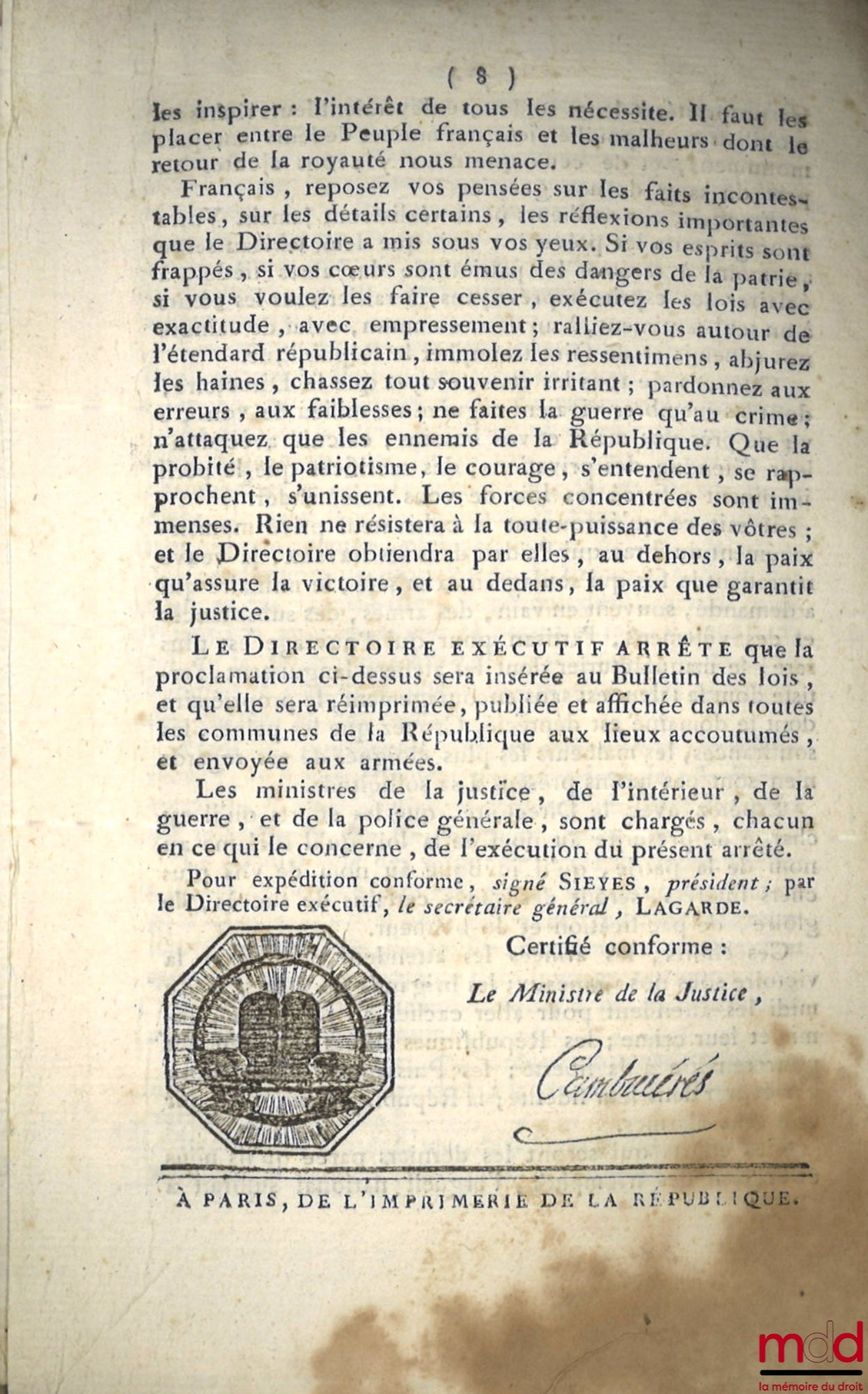 [Coup d’État des 18 et 19 brumaire An VIII, Constitution de l’An IV, divers] – ENSEMBLE DE 18 BULLETINS DES LOIS : Bulletin des lois de la République française, Arrêté du Directoire exécutif qui règle provisoirement le mode de publication des Lois, Arrêté