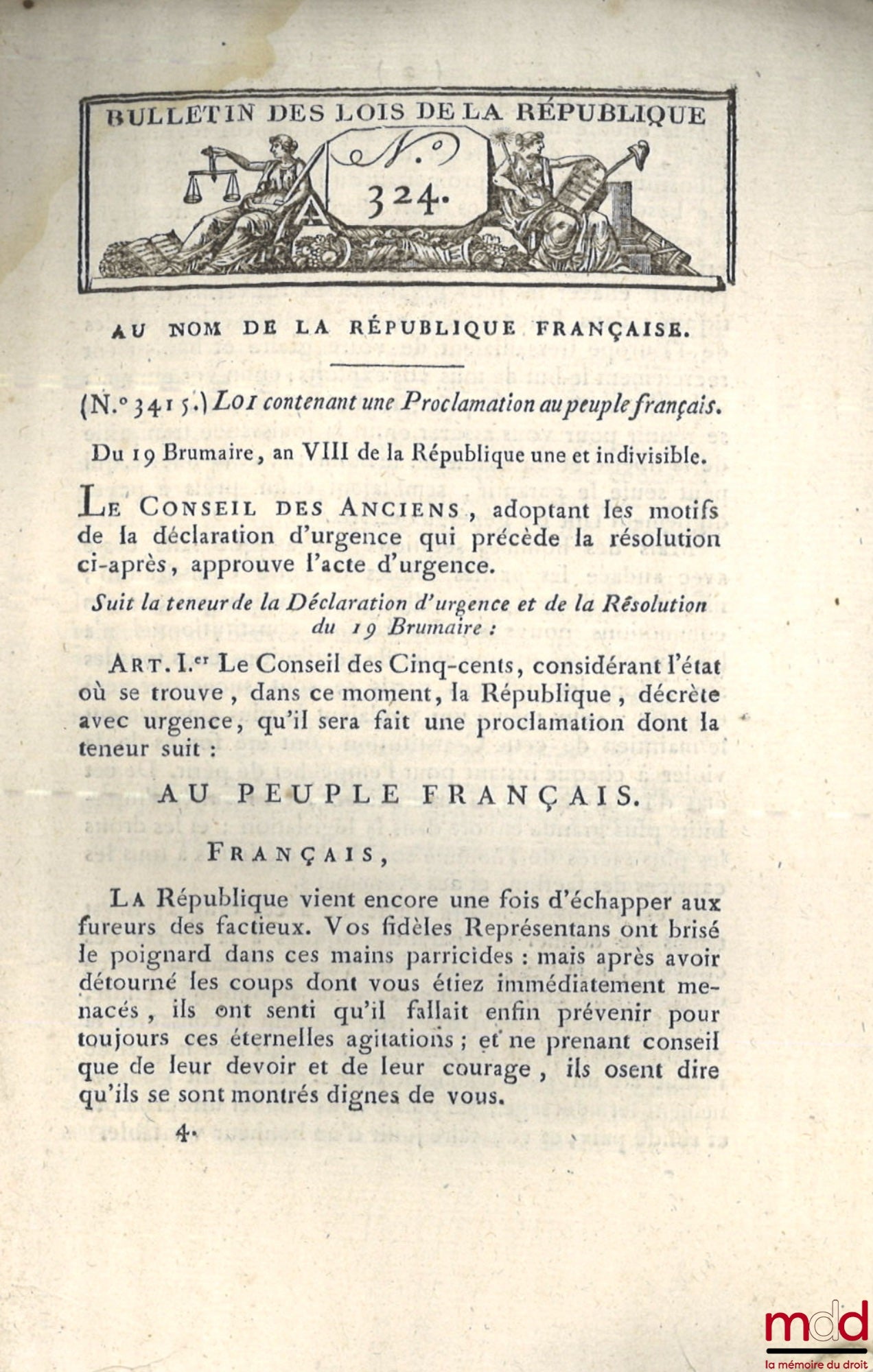 [Coup d’État des 18 et 19 brumaire An VIII, Constitution de l’An IV, divers] – ENSEMBLE DE 18 BULLETINS DES LOIS : Bulletin des lois de la République française, Arrêté du Directoire exécutif qui règle provisoirement le mode de publication des Lois, Arrêté