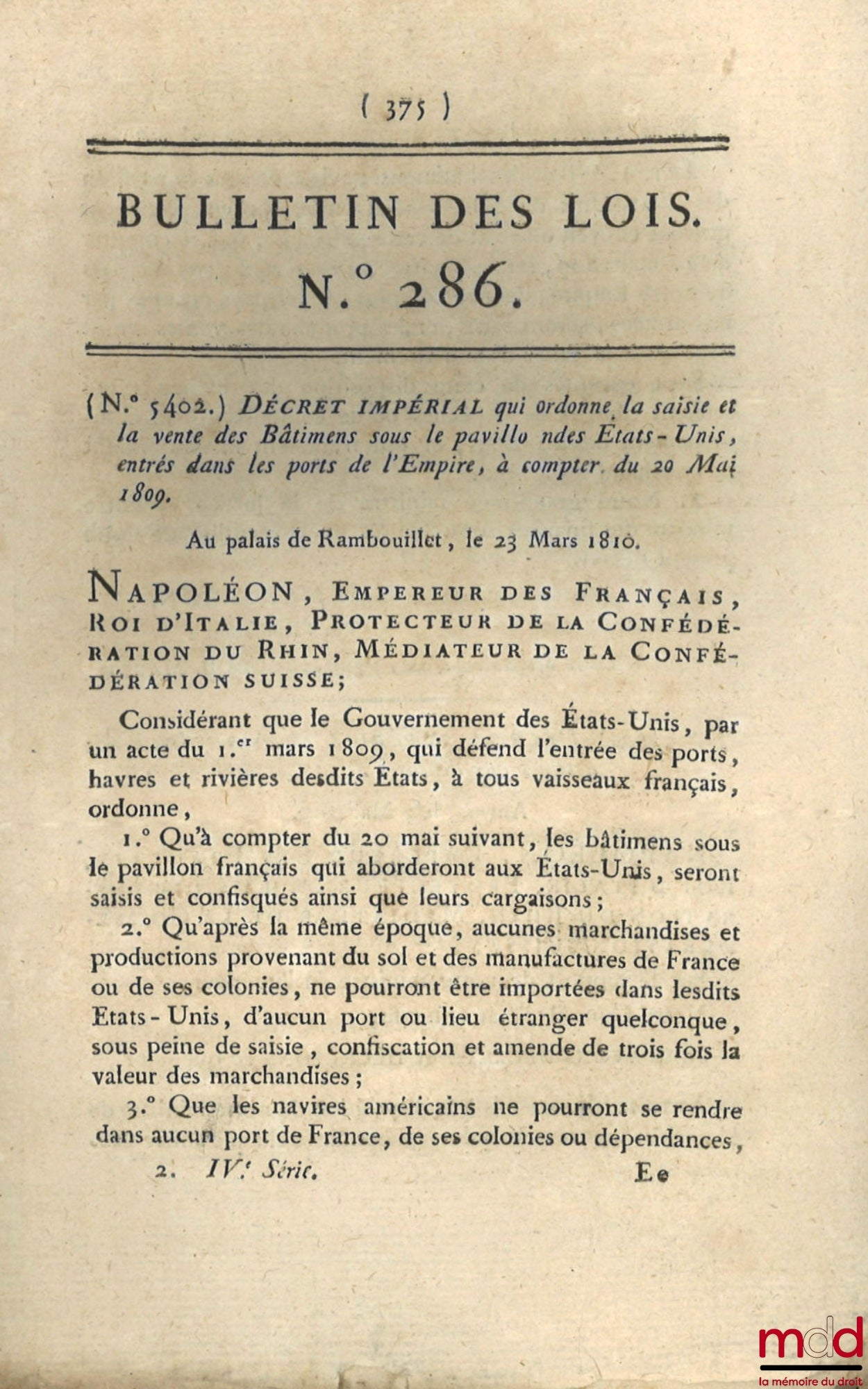 [Rapport de Joseph Laîné, Journal militaire officiel] – ENSEMBLE DE 21 BULLETINS DES LOIS : Le point du jour ou Résultat de ce qui s’est passé la veille à l’Assemblée nationale, n° 617, Suite du rapport concernant les droits à imposer sur les denrées colo