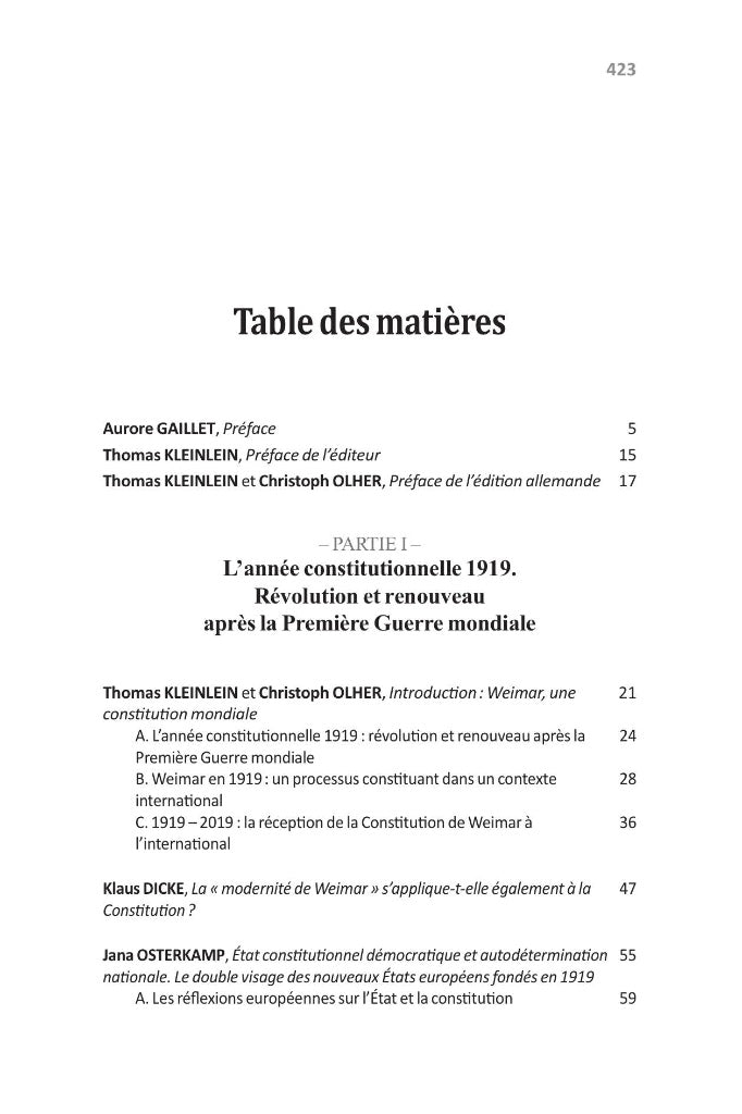 WEIMAR : UNE CONSTITUTION MONDIALE ? Contexte et réception de la Constitution de 1919  Sous la direction de Thomas KLEINLEIN, Traduit en français par Guy Monard et Clothilde Melin,  Préface de Aurore GAILLET