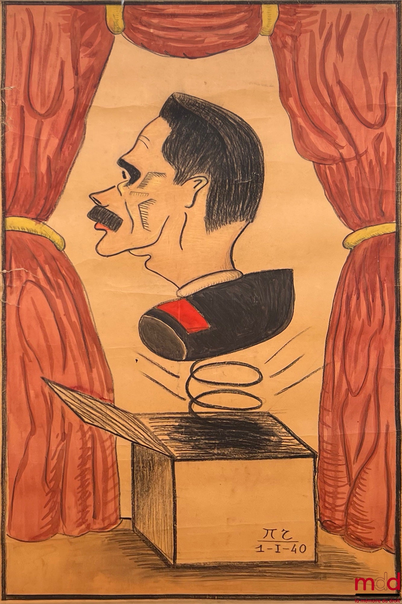 [MONNIER (Raymond)], NÉGRIER (Pierre) – CARICATURE D’UN BUSTE DE PROFESSEUR DE DROIT SORTANT D’UNE BOITE DE FARCE ET ATTRAPE