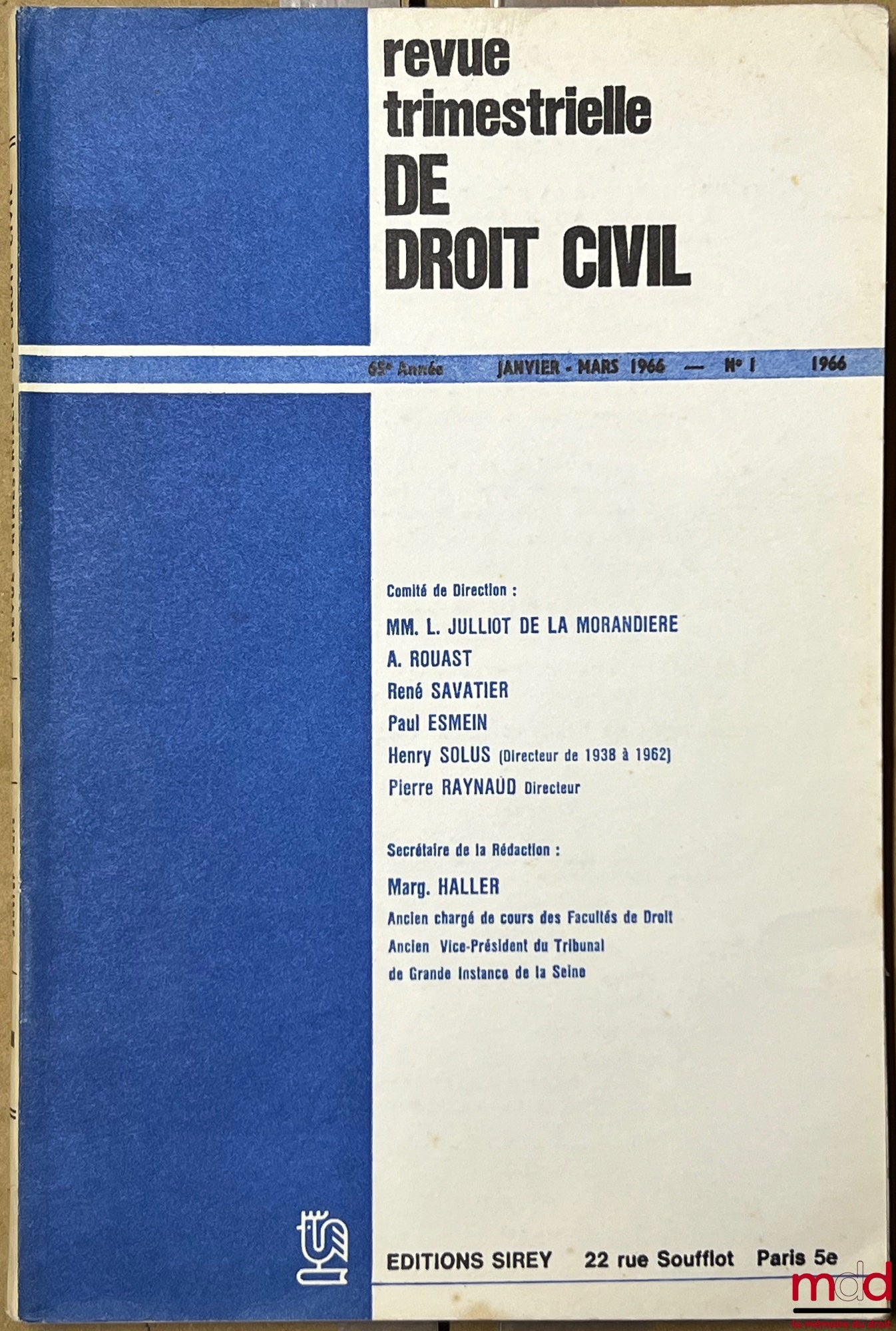 [RTDCiv. - ESMEIN (Adhémar)] – REVUE TRIMESTRIELLE DE DROIT CIVIL, fondée par Adhémar Esmein, de 1962 à 2013 [strictement complet]