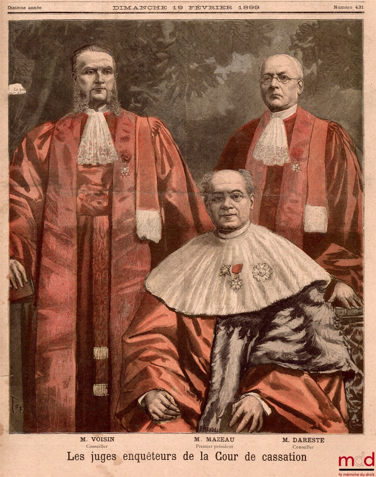 [Cour de cassation] – LES JUGES ENQUÊTEURS DE LA COUR DE CASSATION, M. Loew (Président), M. Manau (Procureur général) et M. Chambareaud (Rapporteur), Le Petit Journal, n° 387 du dimanche 17 avril 1898, supplément illustré