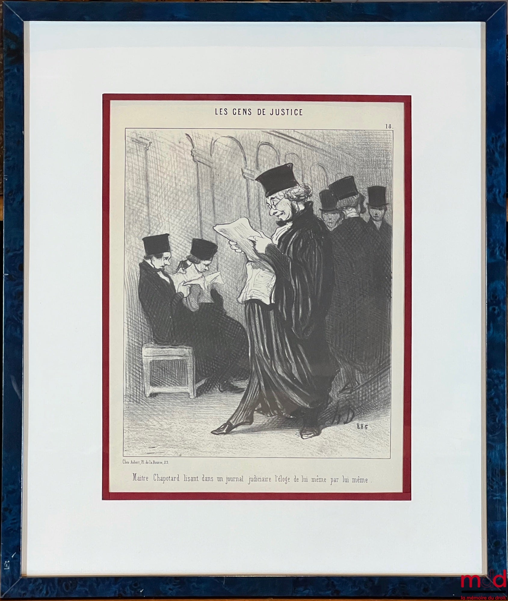 DAUMIER (Honoré) – « Maître Chapotard lisant dans un journal judiciaire l’éloge de lui-même par lui-même », Lithographie en noir, Série Les gens de justice., n° 18