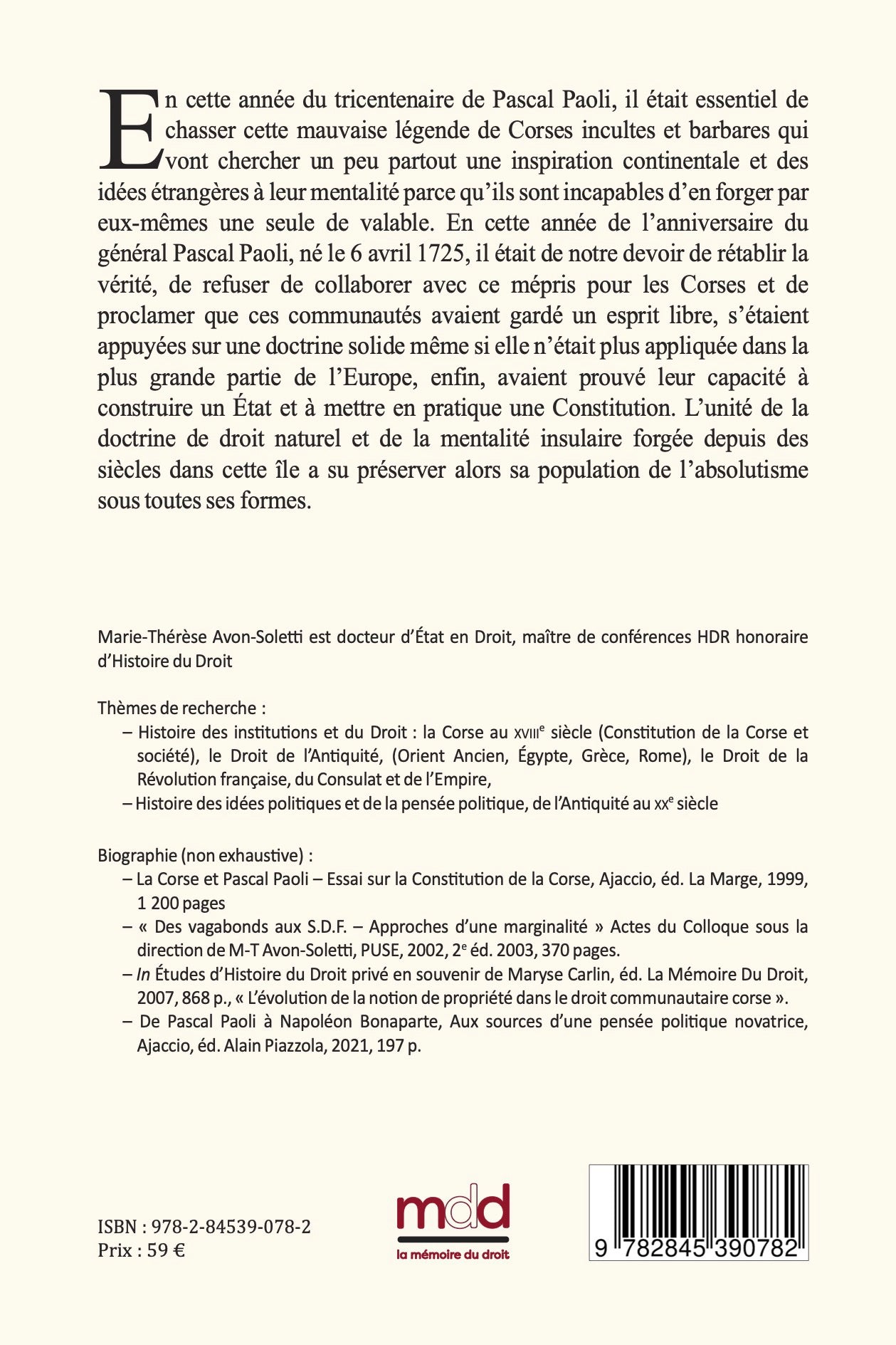 AVON-SOLETTI (Marie-Thérèse) – LA CORSE ET PASCAL PAOLI,  Essai sur la Constitution de la Corse,  Nouvelle édition revue et augmentée