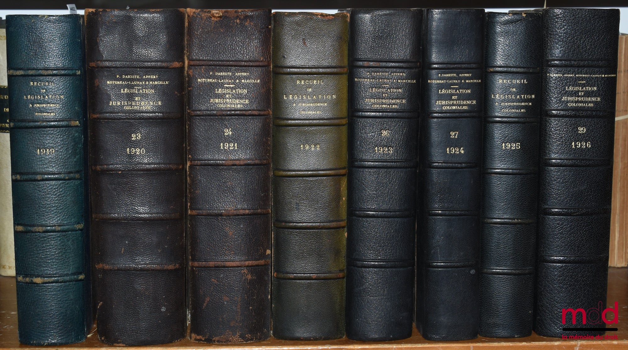 [Droit colonial] – RECUEIL DE LÉGISLATION, DE DOCTRINE ET DE JURISPRUDENCE COLONIALE dirigé par P. Dareste, G. Appert et Max. Legendre, de 1904 (t. VII) à 1936 [mq. 7 années]