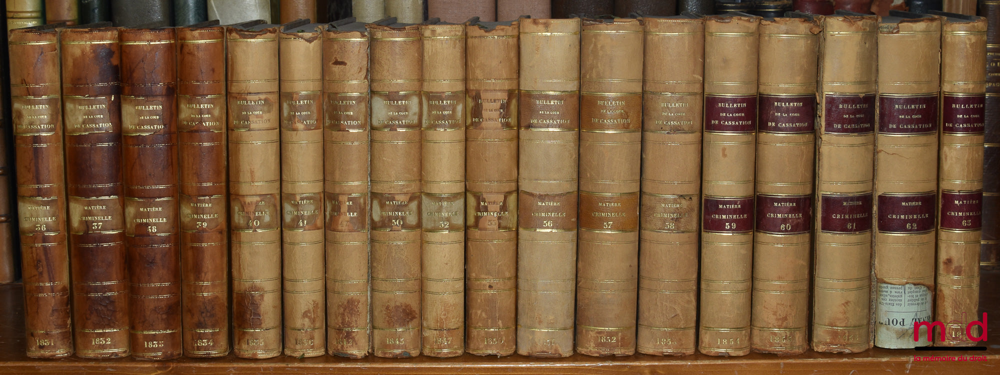 [Cour de Cassation] – BULLETIN DES ARRÊTS DE LA COUR DE CASSATION RENDUS EN MATIÈRE CRIMINELLE, de 1831 à 1936 [mq. 7 années] ; Tables 1798-1856 (1 vol.) ; 1857-1873 (2 vol.)