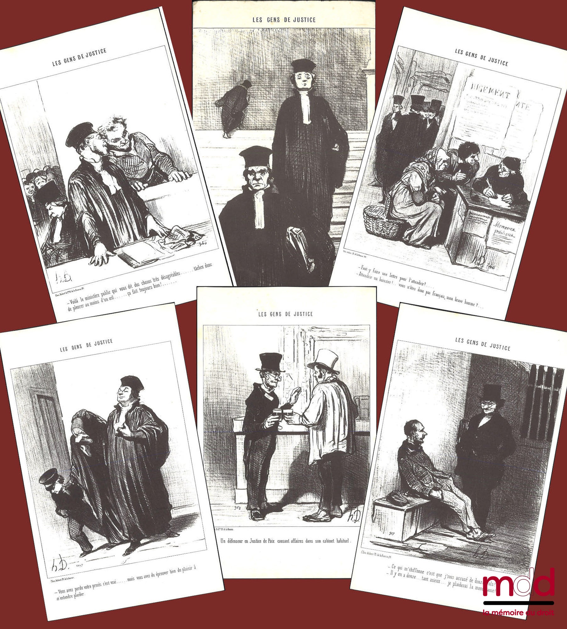 DAUMIER (Honoré) – LES GENS DE JUSTICE, Ensemble de six reproductions lithographies en noir et blanc signées et publiées initialement dans Le Charivari et tiré de la collection Les gens de Justice : « – Quel dommage que cette charmante petite femme ne m’a