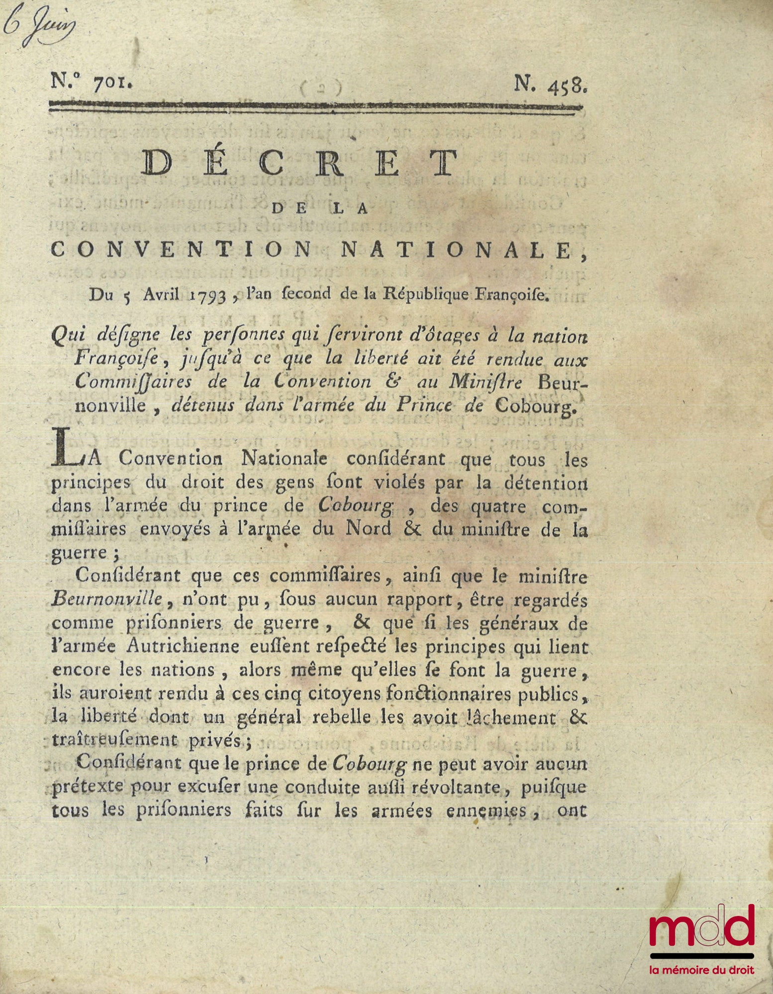 ENSEMBLE DE 30 BULLETINS DES LOIS, DÉCRETS ET PROCLAMATIONS : - Loi relative aux troubles survenus dans la ville de Douay, Paris, 19 mars 1791, (4 p.) ; - Loi qui détermine les cas où le Roi sera censé avoir abdiqué la Couronne, & pourra être poursuivi co