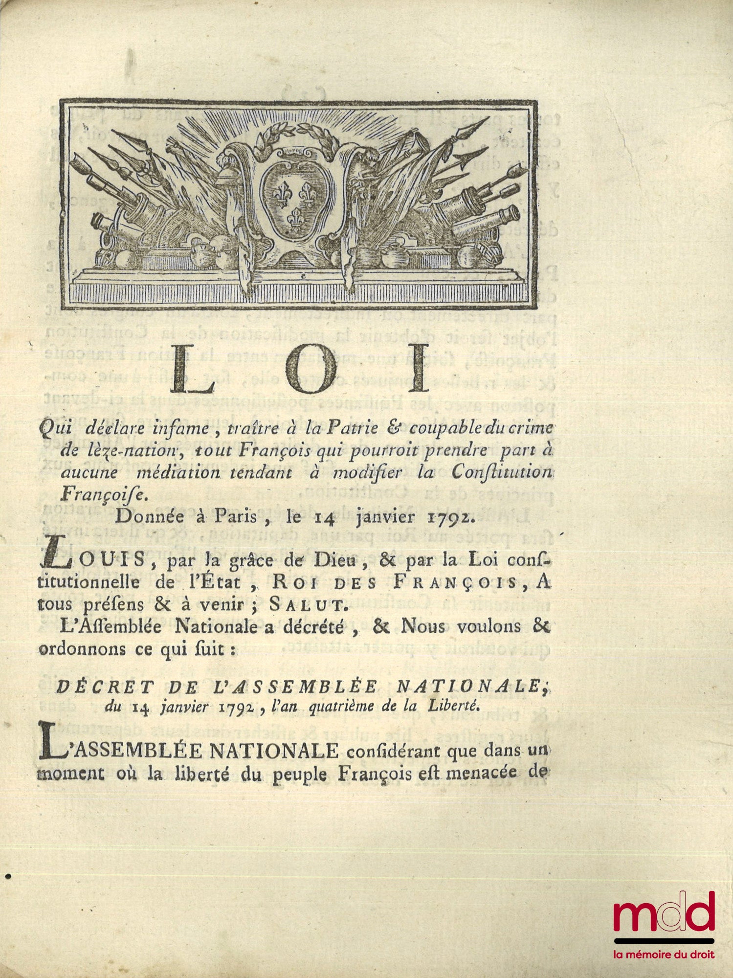 ENSEMBLE DE 30 BULLETINS DES LOIS, DÉCRETS ET PROCLAMATIONS : - Loi relative aux troubles survenus dans la ville de Douay, Paris, 19 mars 1791, (4 p.) ; - Loi qui détermine les cas où le Roi sera censé avoir abdiqué la Couronne, & pourra être poursuivi co