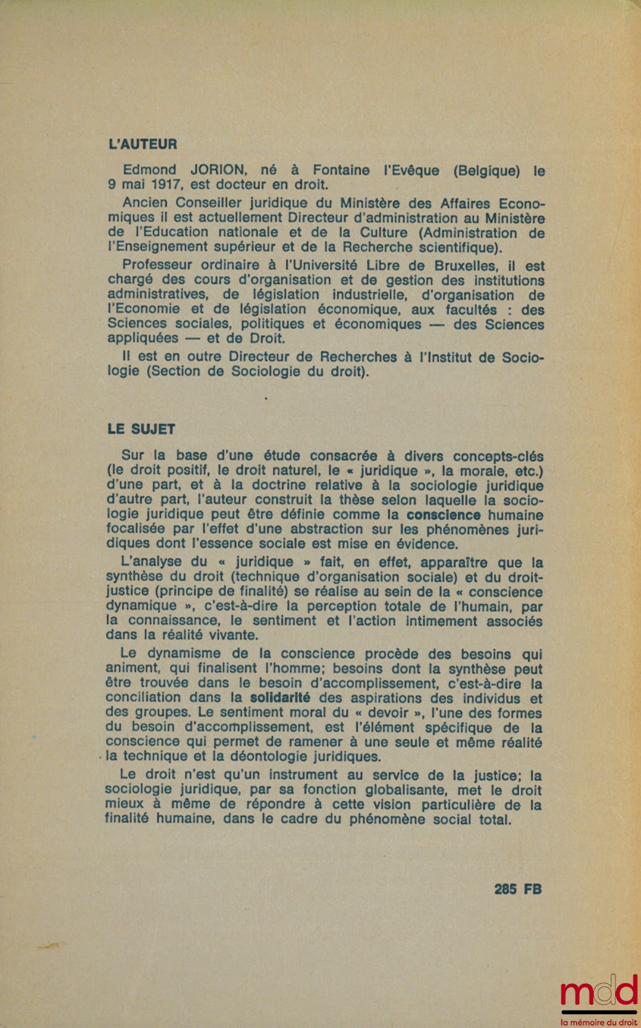 JORION (Edmond) – ON LEGAL SOCIOLOGY. Essay, Studies in Legal Sociology