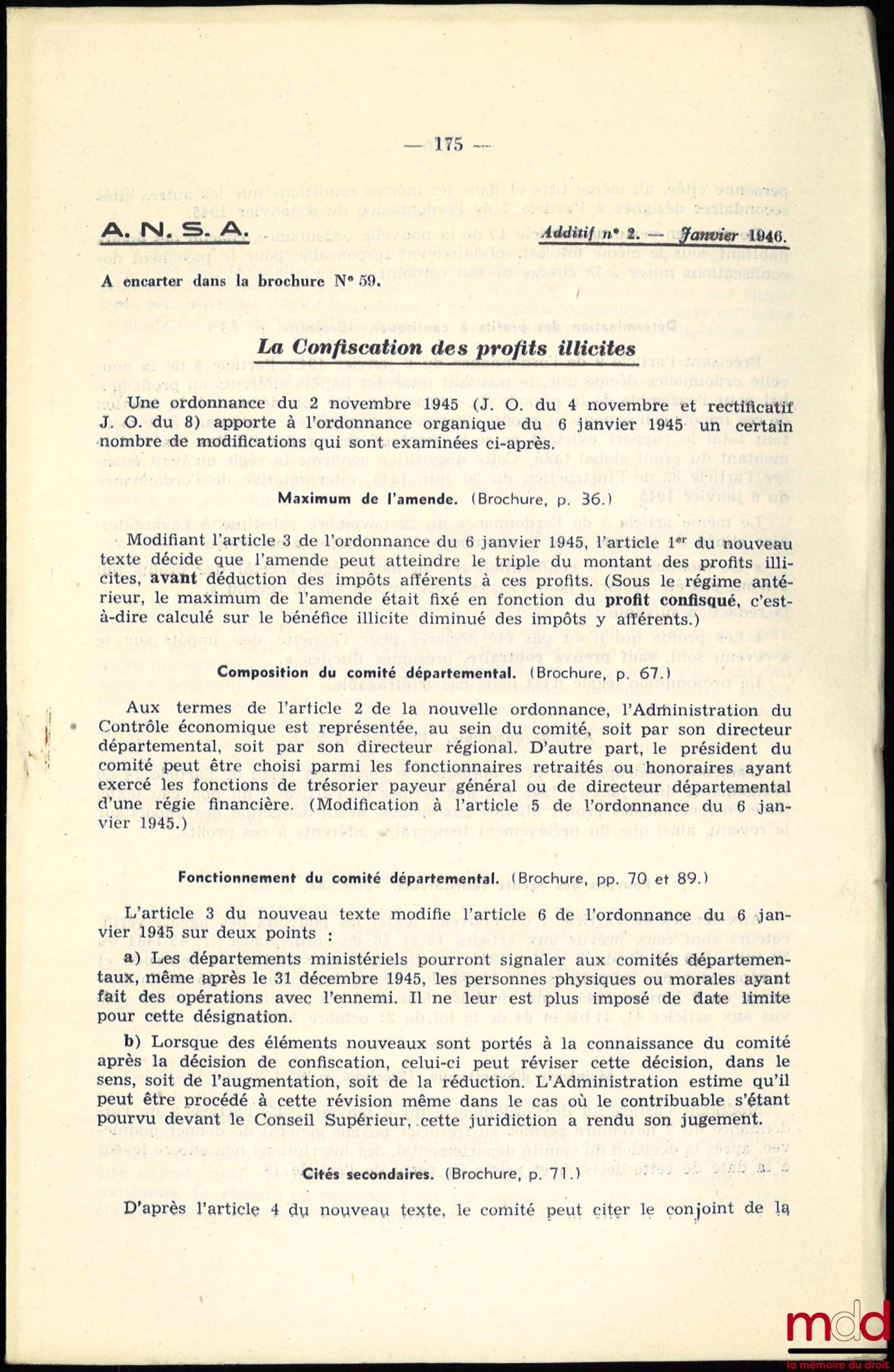 LECERCLÉ (Marcel) – LA CONFISCATION DES PROFITS ILLICITES, A.N.S.A. (Association Nationale des Sociétés par Actions), n° 59/1945, accompagné de deux additifs n° 1 de juin 1945 et n° 2 de janvier 1946