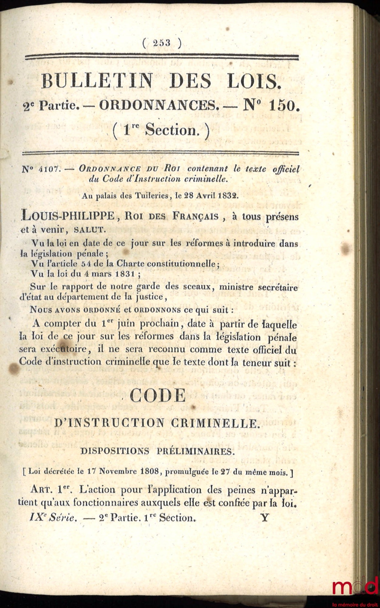 [BULLETIN DES LOIS] – LOI SUR L’APPLICATION DU JURY AUX DÉLITS DE LA PRESSE ET AUX DÉLITS POLITIQUES, Bulletin 9 n° 68, 8 octobre 1830 ; LOI QUI PUNIT LES ATTAQUES CONTRE LES DROITS ET L’AUTORITÉ DU ROI ET DES CHAMBRES PAR LA VOIE DE PRESSE, Bulletin 43 n