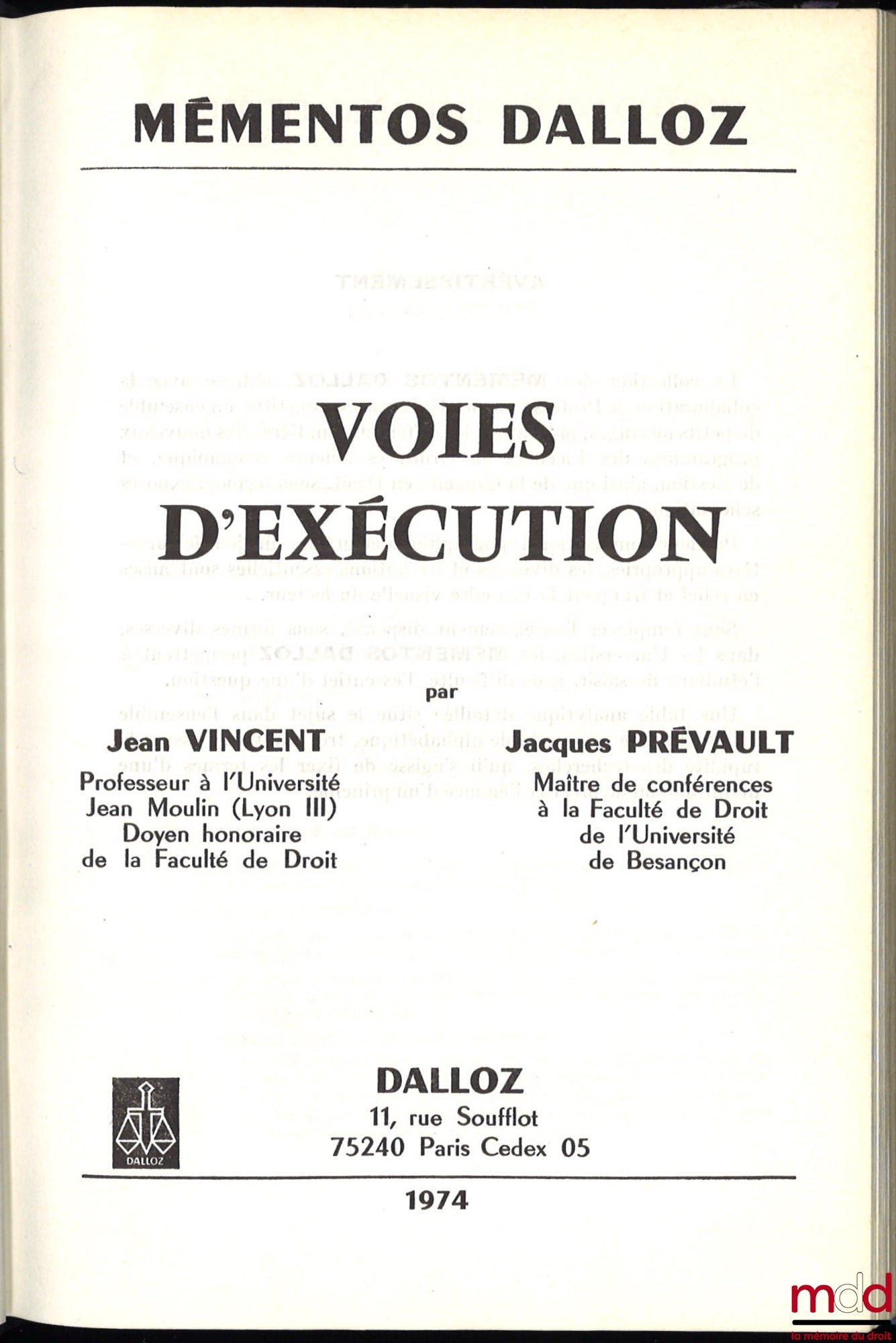 VINCENT (Jean) et PRÉVAULT (Jacques) – VOIES D’EXÉCUTION, coll. Mémentos Dalloz