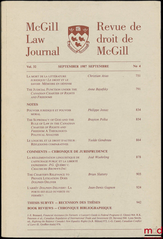 [Périodique] – MCGILL LAW JOURNAL / REVUE DE DROIT DE MCGILL, septembre 1987, vol. 32, n° 4