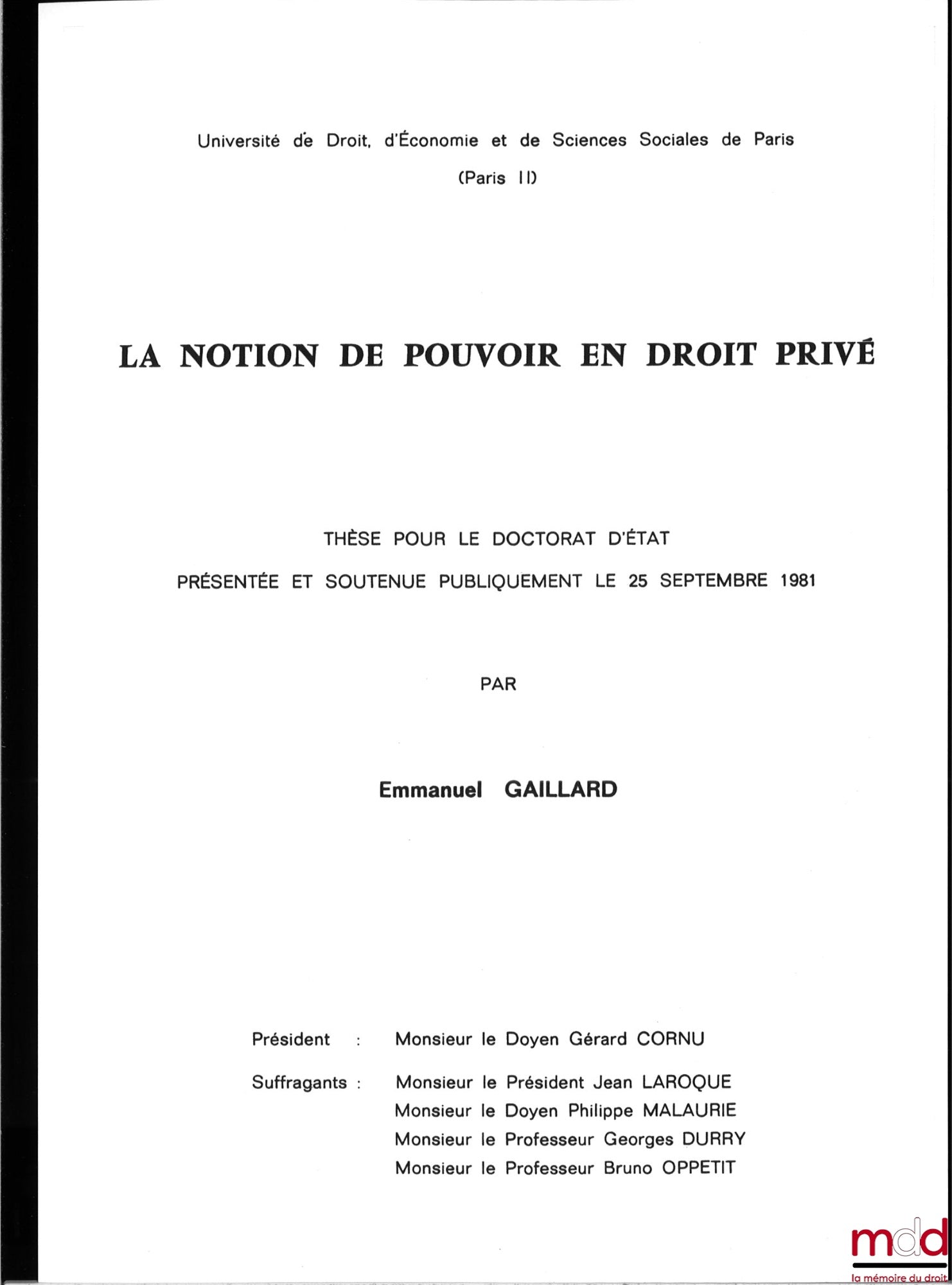 GAILLARD (Emmanuel) – LA NOTION DE POUVOIR EN DROIT PRIVÉ