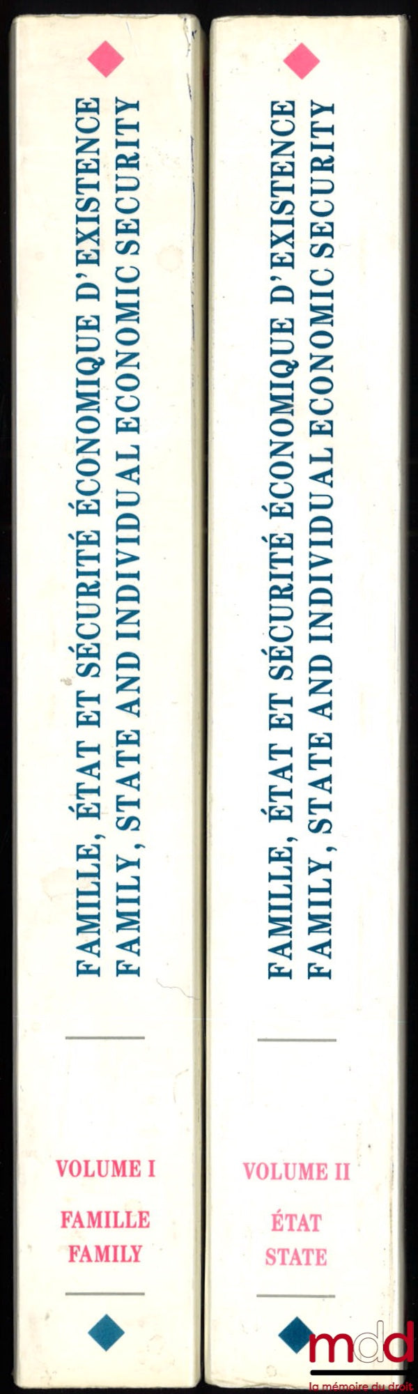 Meulders-Klein (M. T.), Eekelaar (J.), [Collectif] – FAMILLE, ÉTAT ET SÉCURITÉ ÉCONOMIQUE D’EXISTENCE, vol. I : Famille ; vol. II : État, Actes du Vème Congrès mondial de l’Association internationale de droit de la famille tenu à Bruxelles en juillet 1985