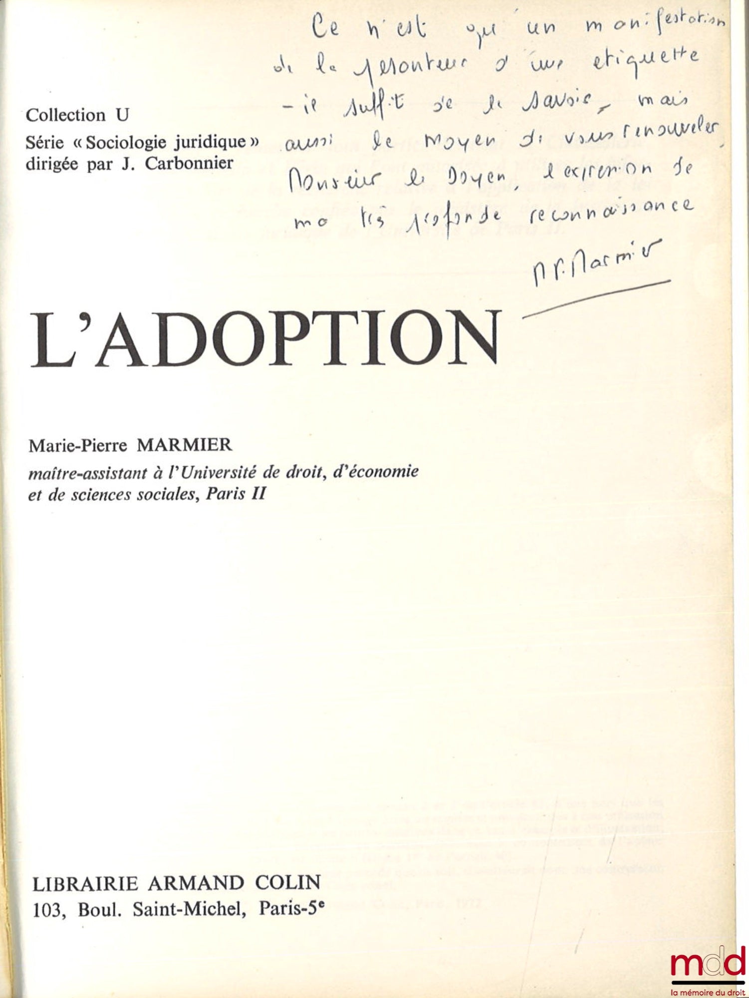 MARMIER (Marie-Pierre) – ADOPTION, coll. U / legal sociology