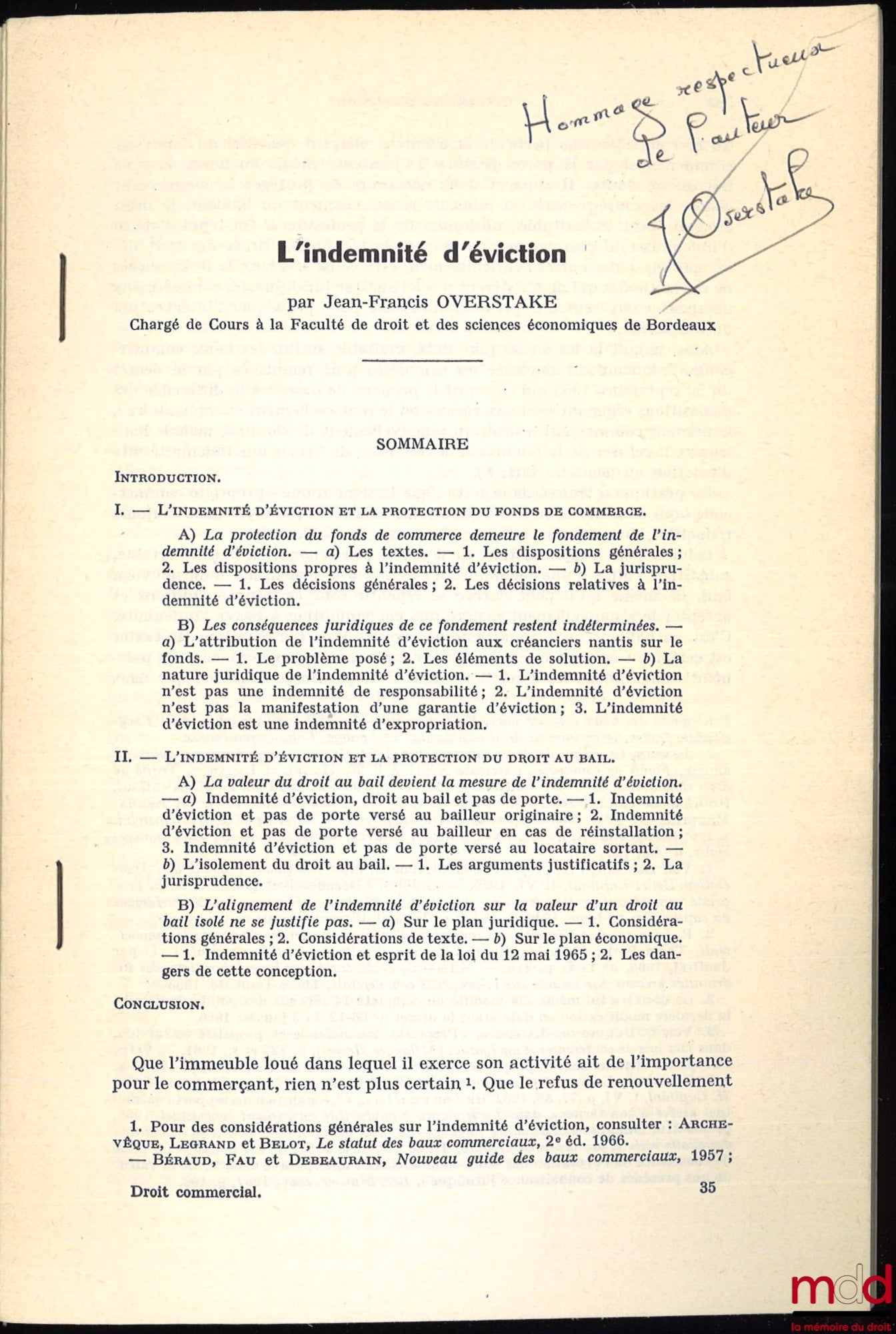 OVERSTAKE (Jean-Francis) – L’INDEMNITÉ D’ÉVICTION, Extrait de la Revue trimestrielle de droit commerciale, n° 3-1968