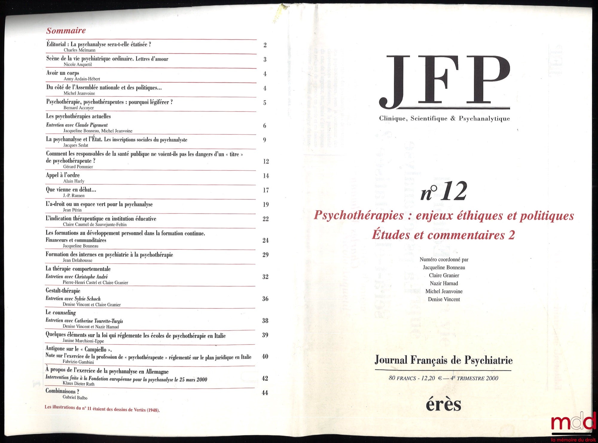 [Journal Français de la Psychiatrie] – PSYCOTHÉRAPIES : ENJEUX ÉTHIQUES ET POLITIQUES, Études et commentaires 2