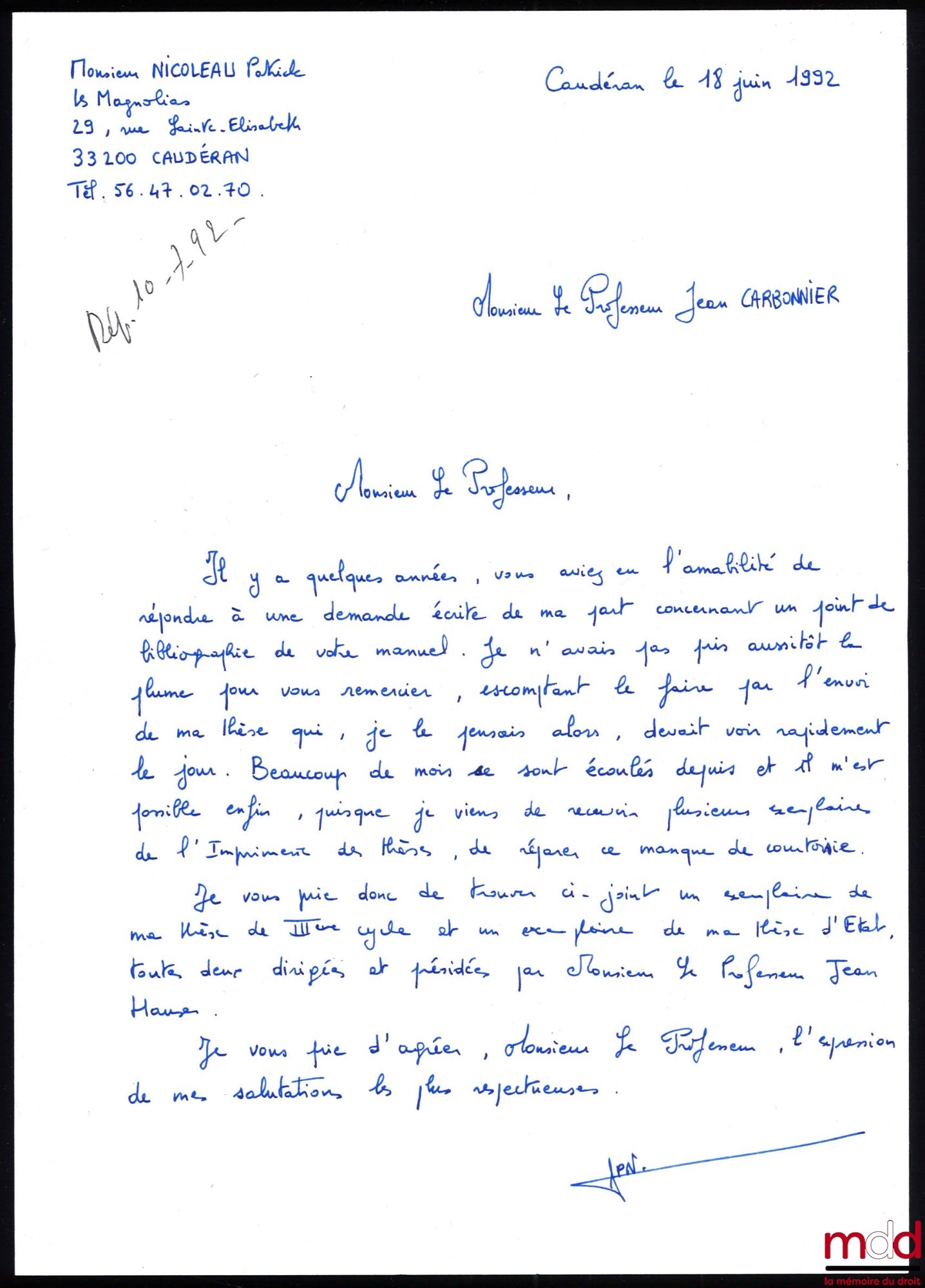 NICOLEAU (Patrick) – DE LA PREUVE JUDICIAIRE DE LA PATERNITÉ NATURELLE, Thèse de IIIe Cycle, juill. 1984, Université de Bordeaux, Président : Jean Hauser ; Suffragants : Jean-François Overstake, André Sabatier