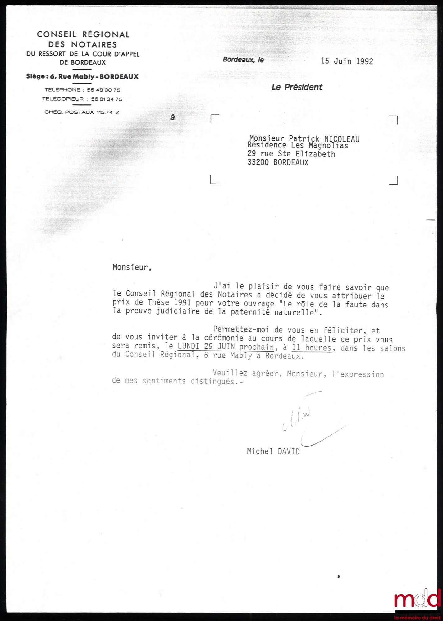 NICOLEAU (Patrick) – DE LA PREUVE JUDICIAIRE DE LA PATERNITÉ NATURELLE, Thèse de IIIe Cycle, juill. 1984, Université de Bordeaux, Président : Jean Hauser ; Suffragants : Jean-François Overstake, André Sabatier
