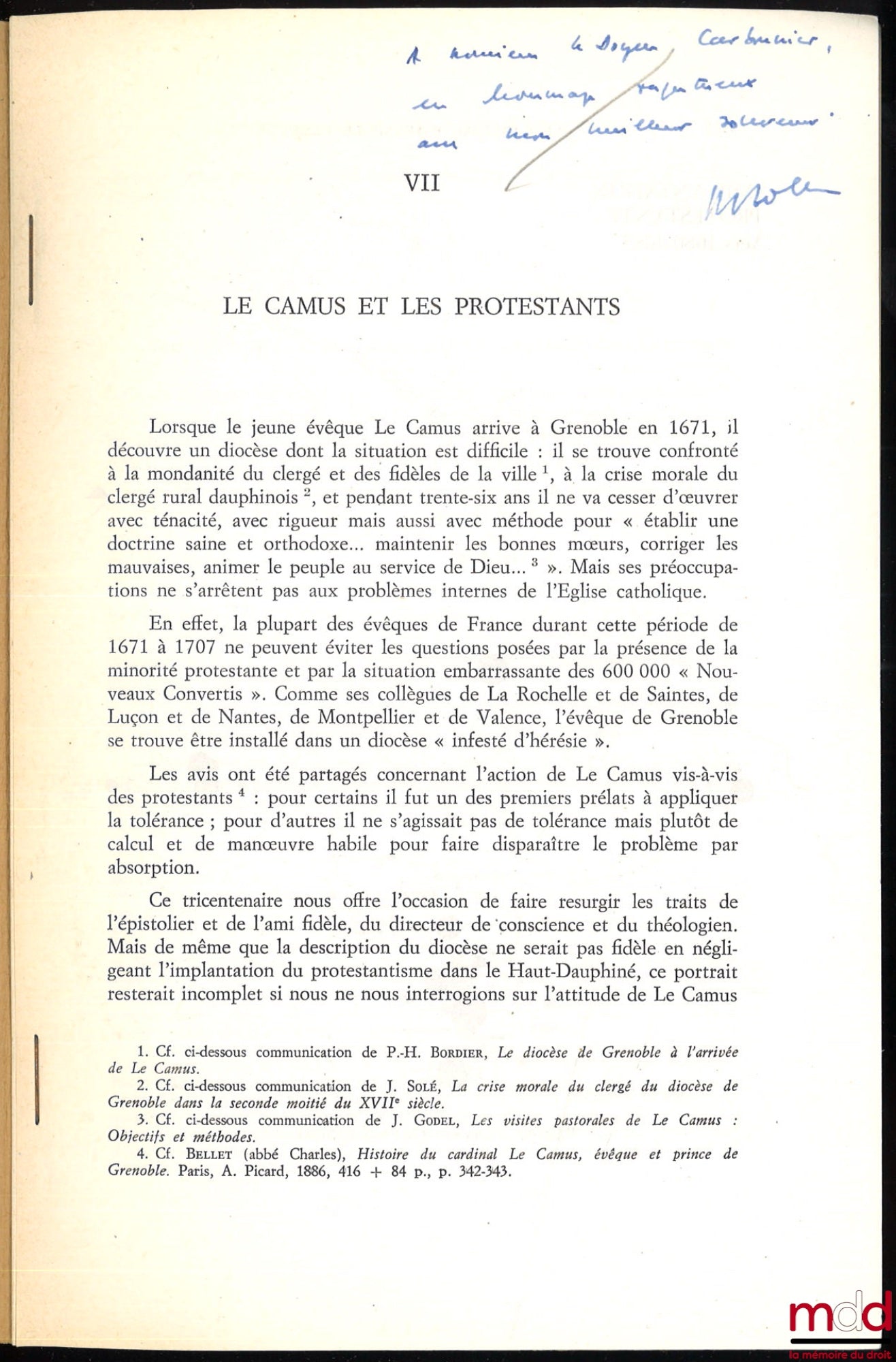 BOLLE (Pierre) – LE CAMUS ET LES PROTESTANTS, extrait de Le Cardinal des Montagnes, Étienne Le Camus, Évêque de Grenoble (1671-1707) présenté par Jean Godel